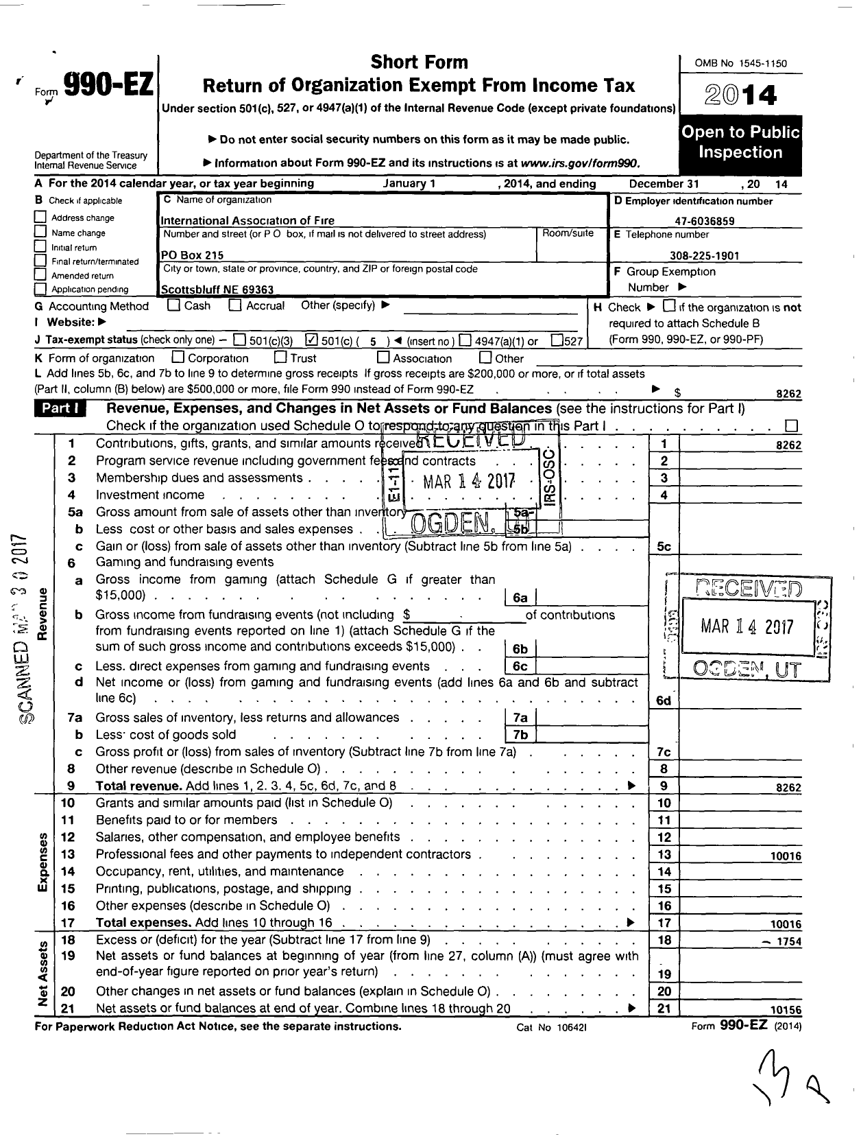 Image of first page of 2014 Form 990EO for International Association of Fire Fighters - L1454 Scottsbluff