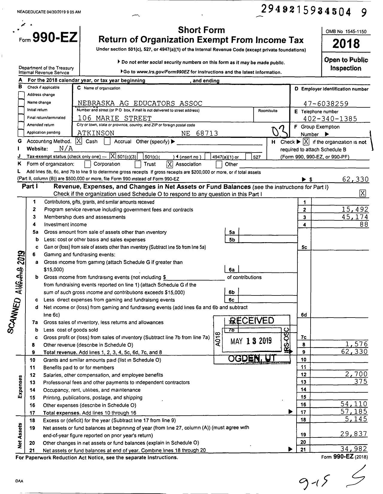 Image of first page of 2018 Form 990EZ for Nebraska Ag Educators Association