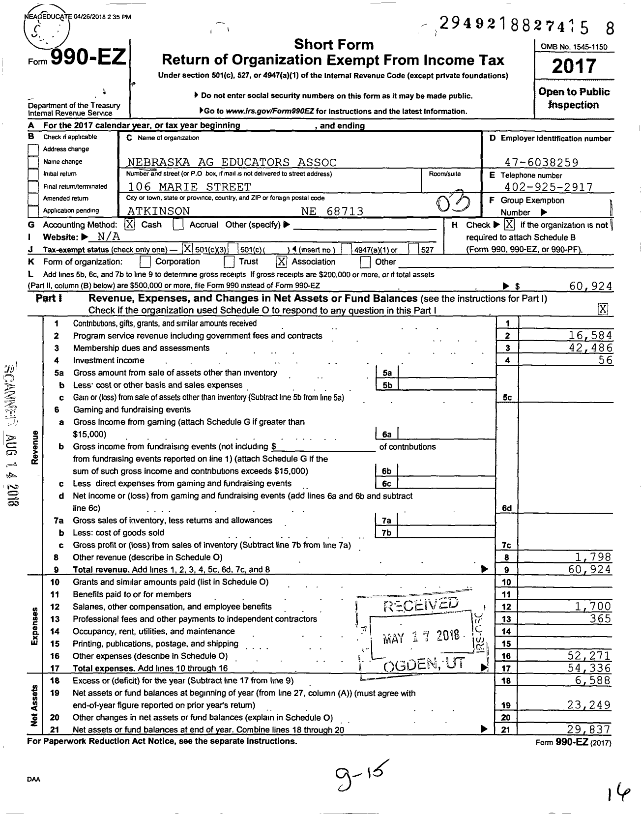 Image of first page of 2017 Form 990EZ for Nebraska Ag Educators Association