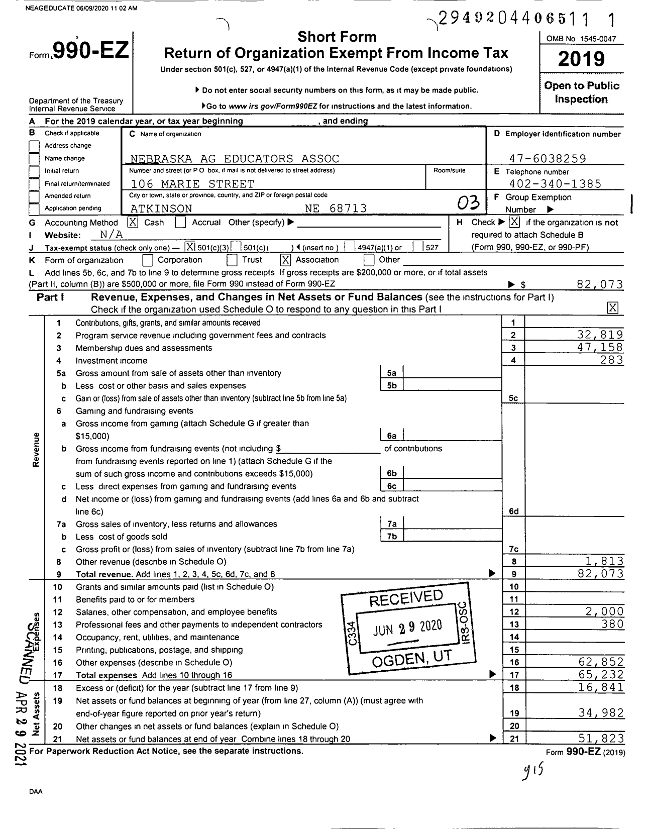 Image of first page of 2019 Form 990EZ for Nebraska Ag Educators Association