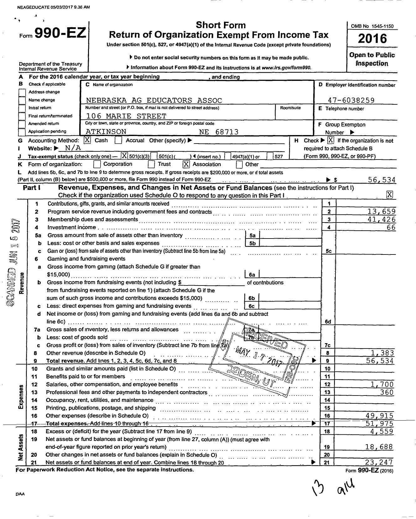 Image of first page of 2016 Form 990EZ for Nebraska Ag Educators Association