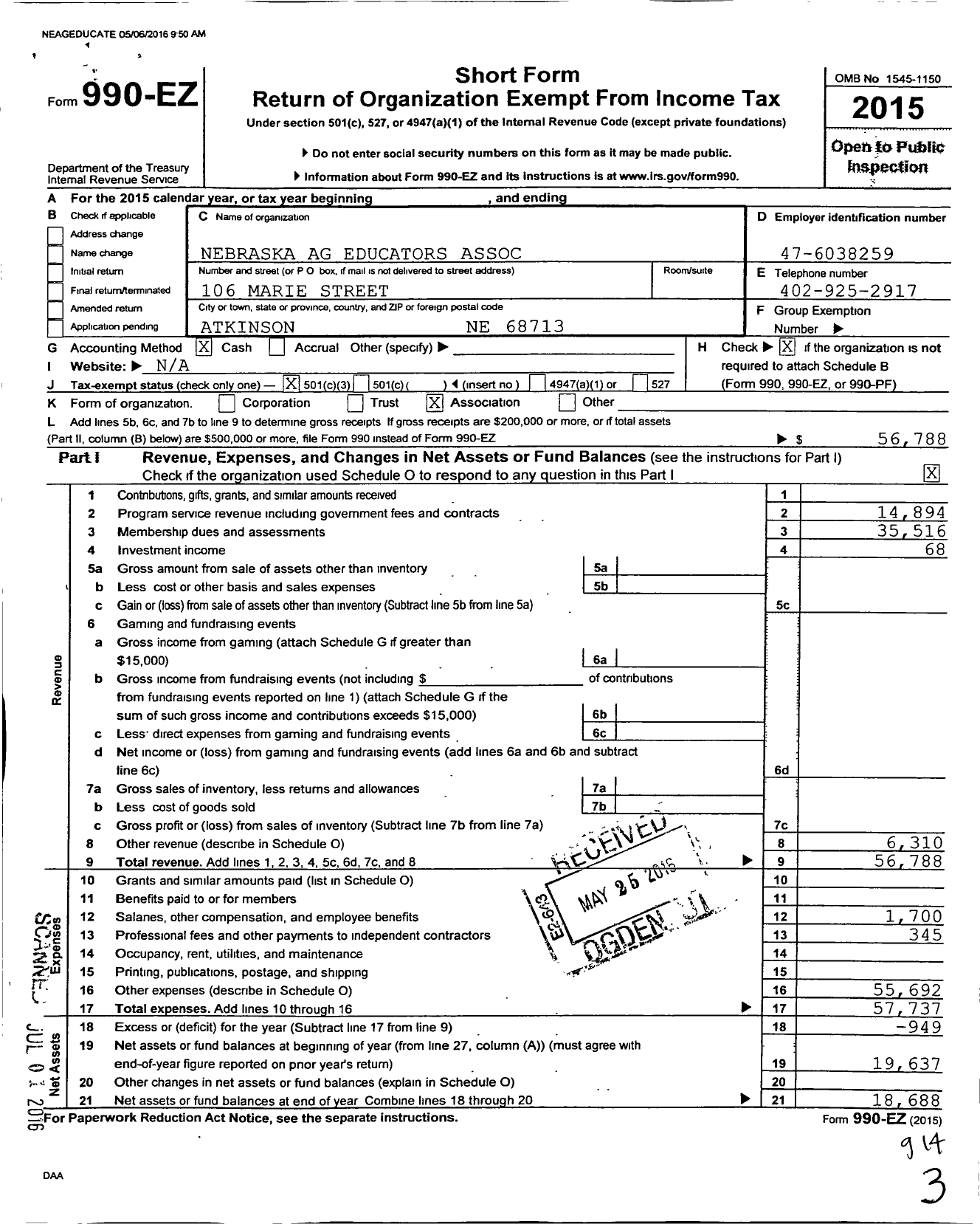 Image of first page of 2015 Form 990EZ for Nebraska Ag Educators Association