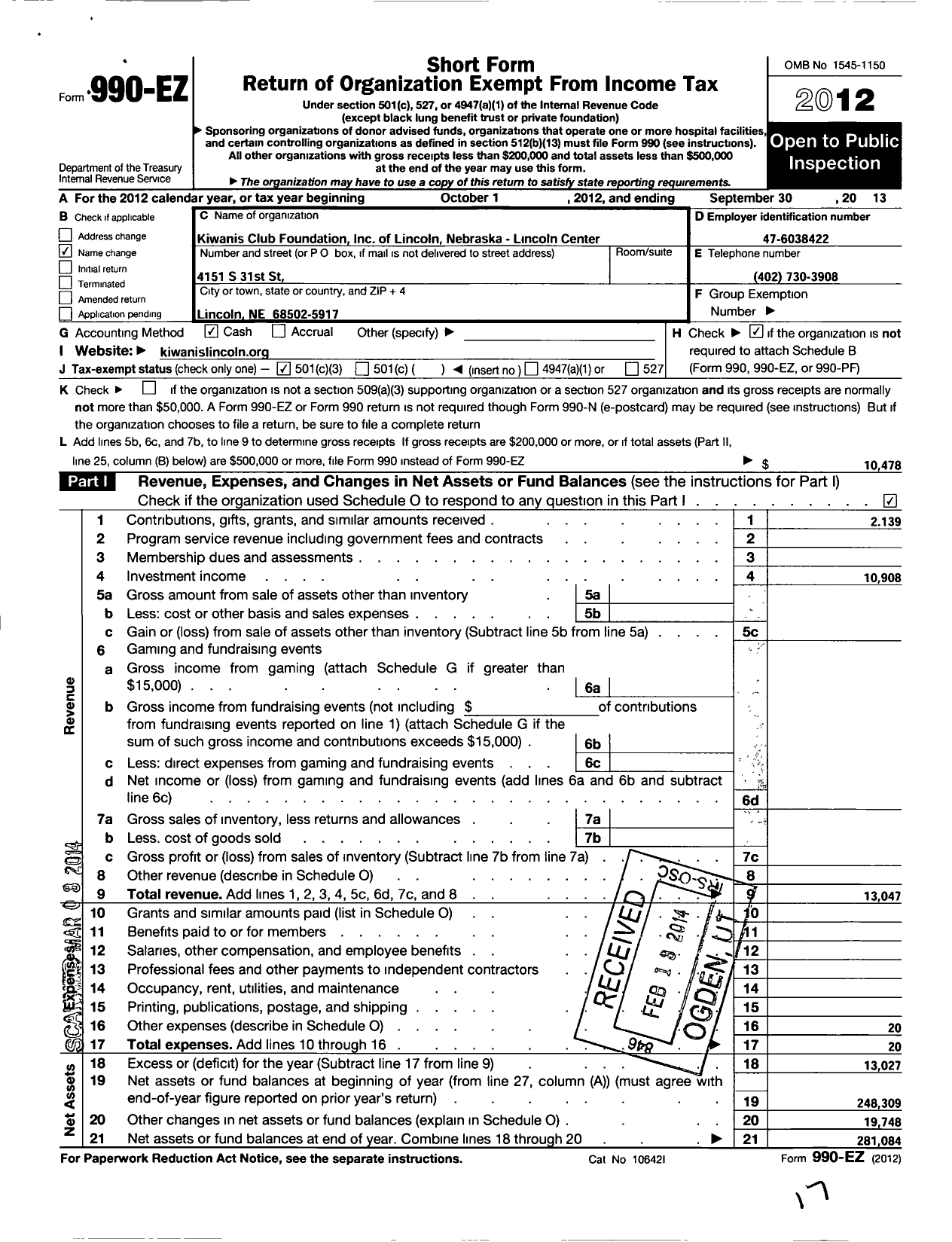 Image of first page of 2012 Form 990EZ for Kiwanis Club Foundation
