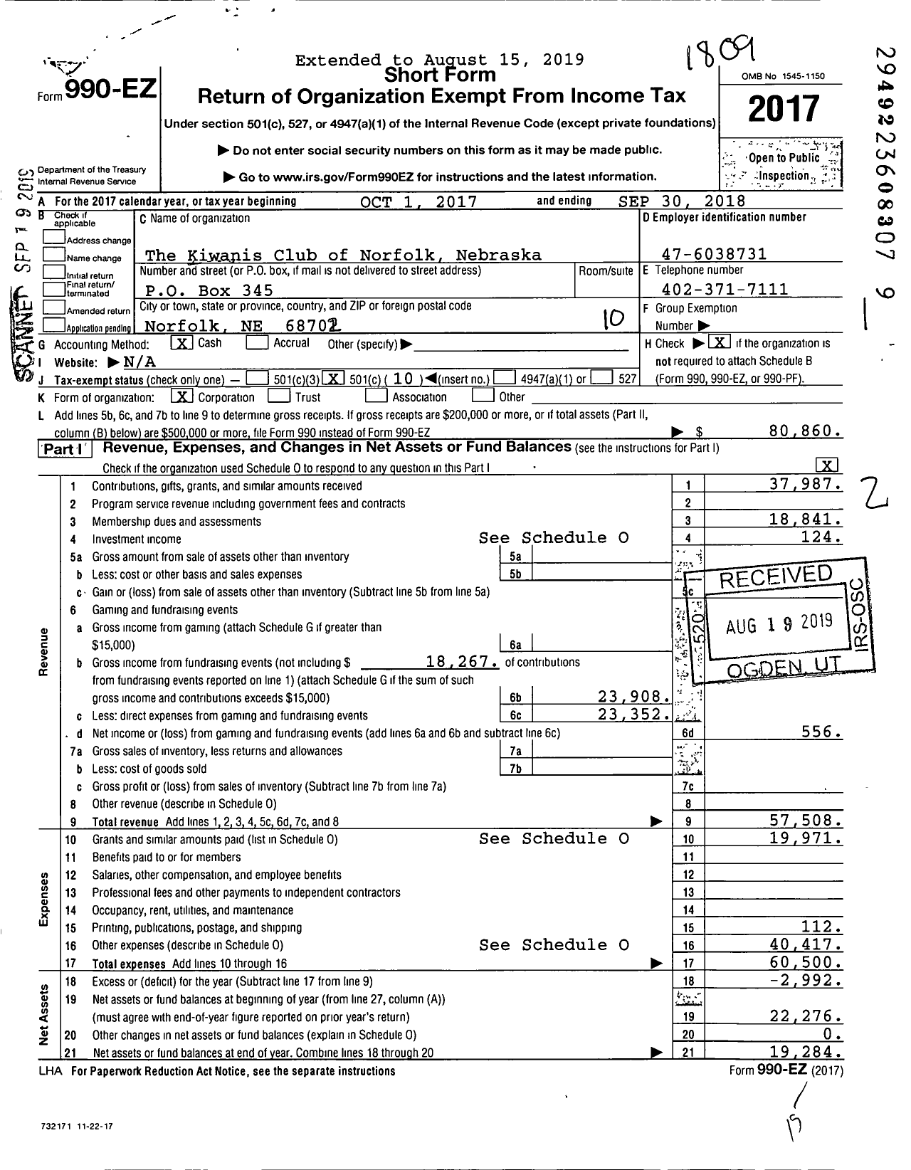 Image of first page of 2017 Form 990EO for Kiwanis International - K00984 Norfolk