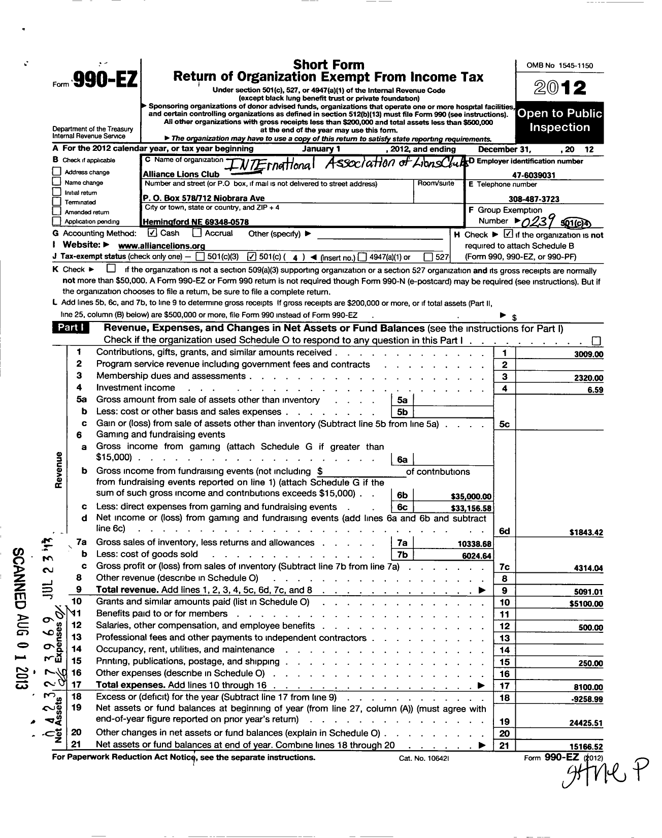 Image of first page of 2012 Form 990EO for Lions Clubs - 13239 Alliance