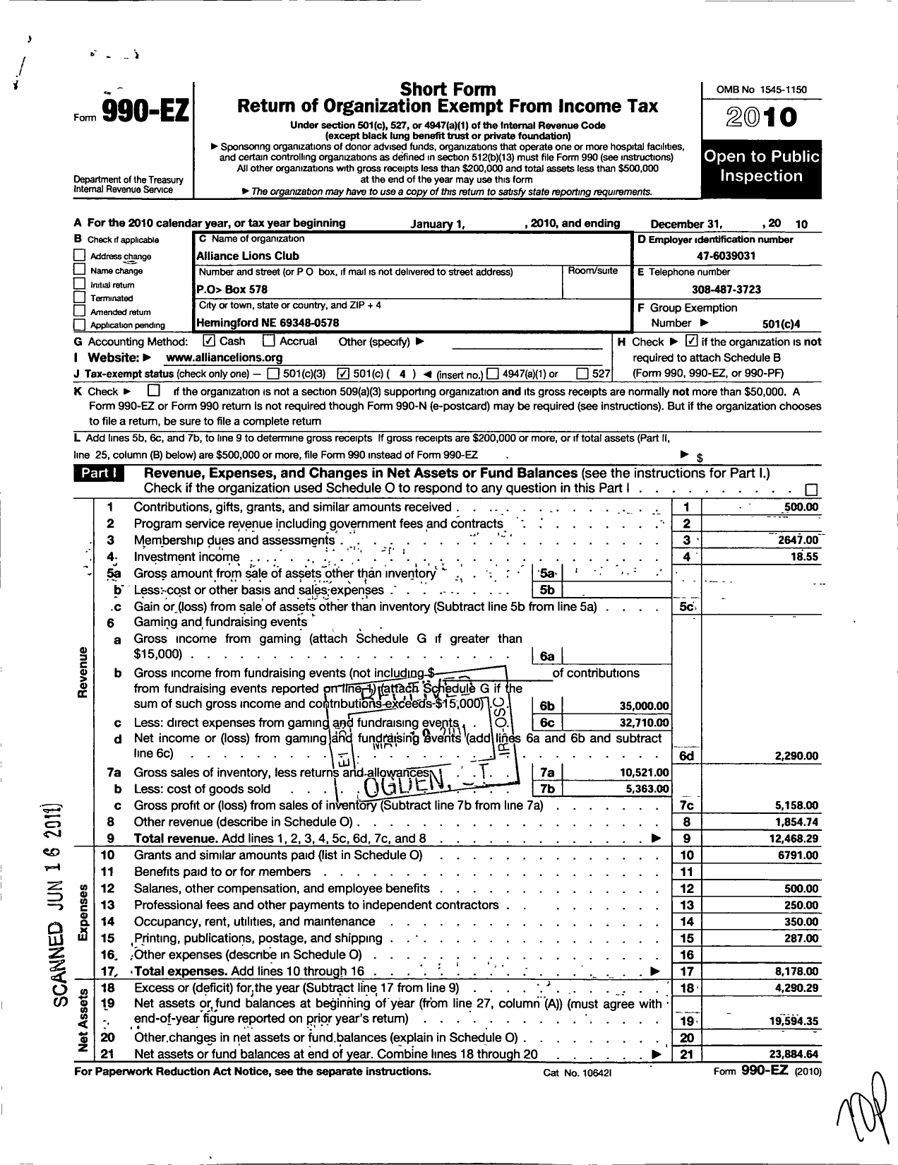 Image of first page of 2010 Form 990EO for Lions Clubs - 13239 Alliance