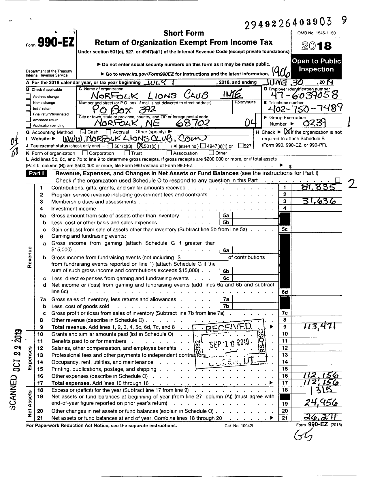 Image of first page of 2018 Form 990EO for Lions Clubs - 13299 Norfolk