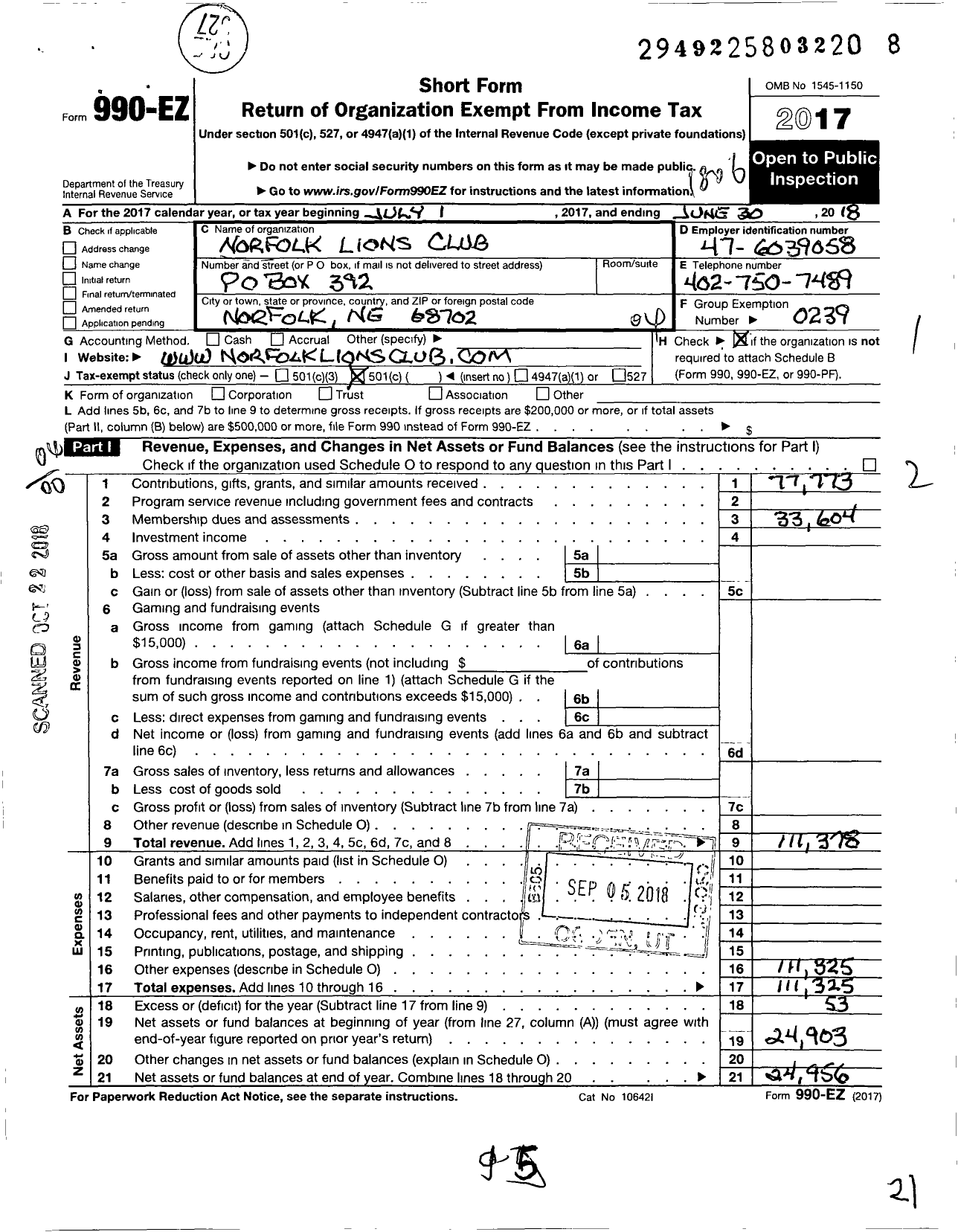 Image of first page of 2017 Form 990EO for Lions Clubs - 13299 Norfolk