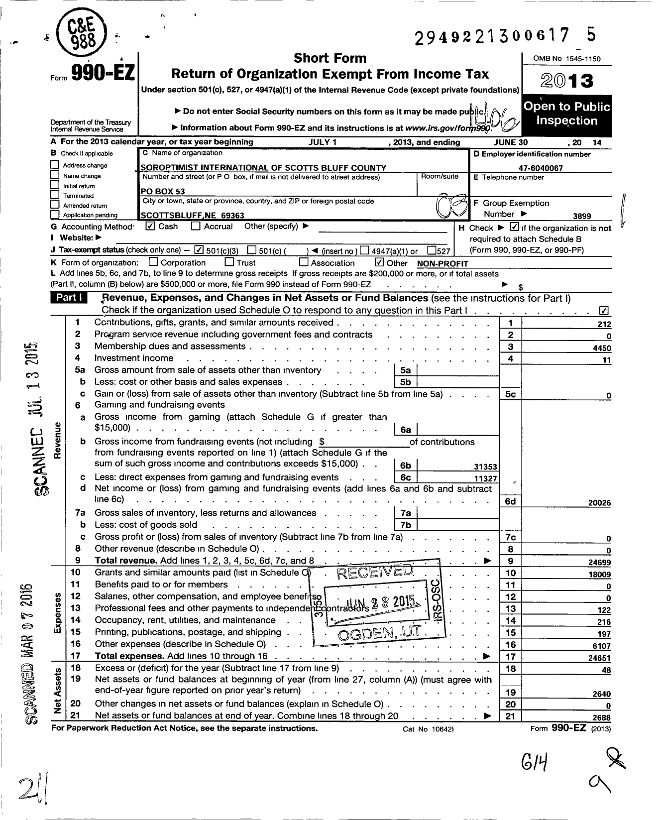 Image of first page of 2013 Form 990EZ for Soroptimist International of the Americas - 108028 Scotts Bluff County Ne