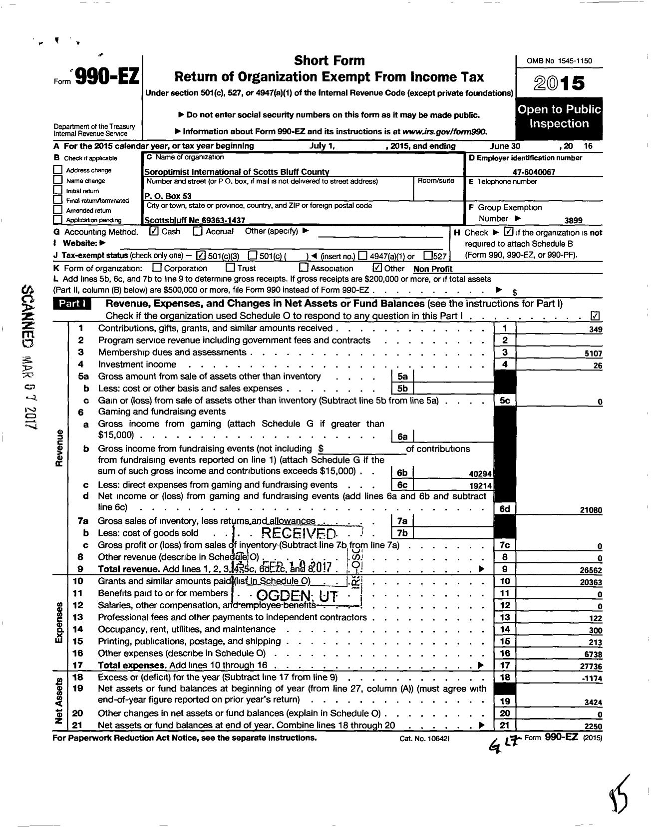 Image of first page of 2015 Form 990EZ for Soroptimist International of the Americas - 108028 Scotts Bluff County Ne