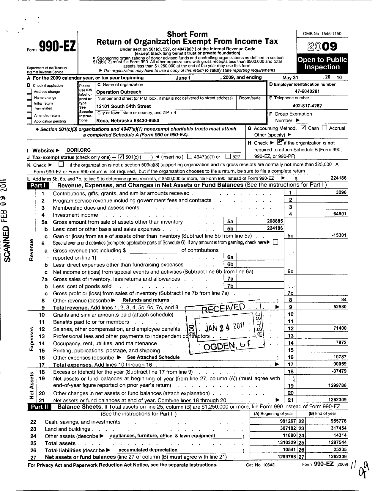 Image of first page of 2009 Form 990EO for Operation Outreach