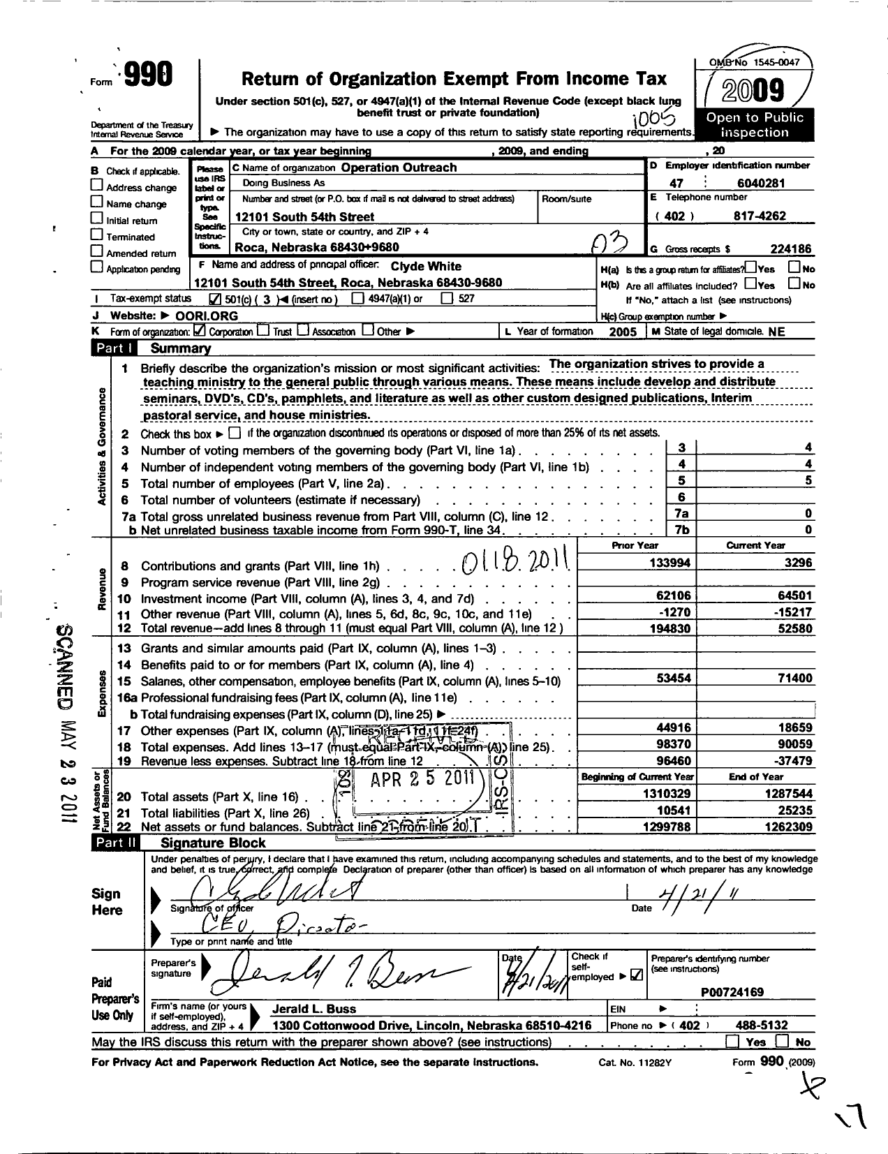 Image of first page of 2009 Form 990 for Operation Outreach