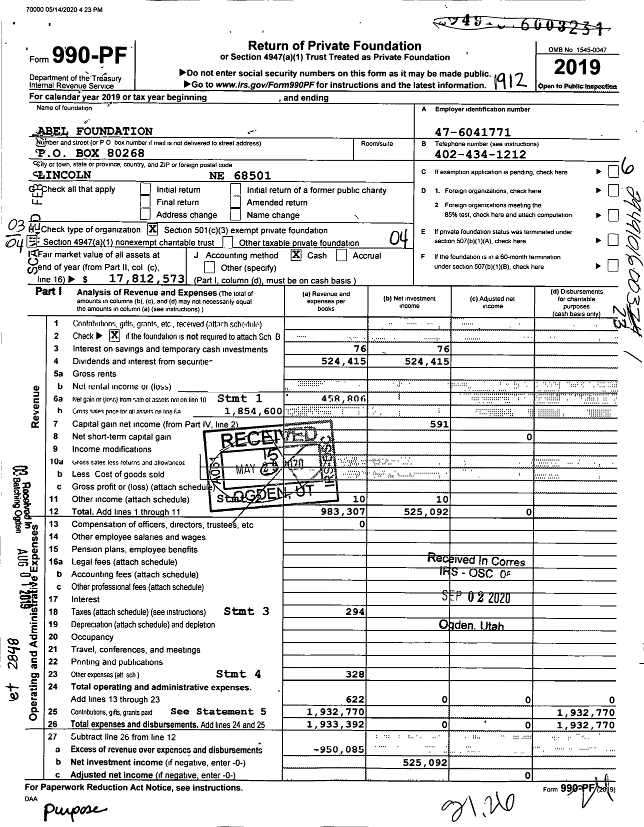 Image of first page of 2019 Form 990PF for Abel Foundation