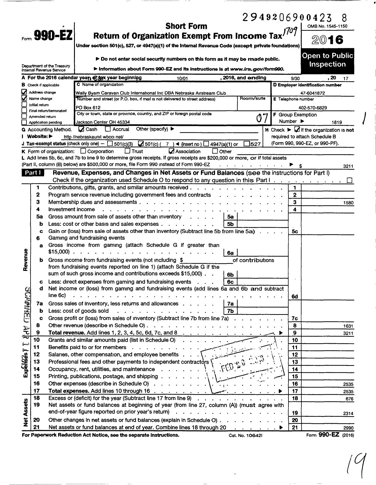 Image of first page of 2016 Form 990EO for Wally Byam Caravan Club International - 062 Nebraska Airstream Club