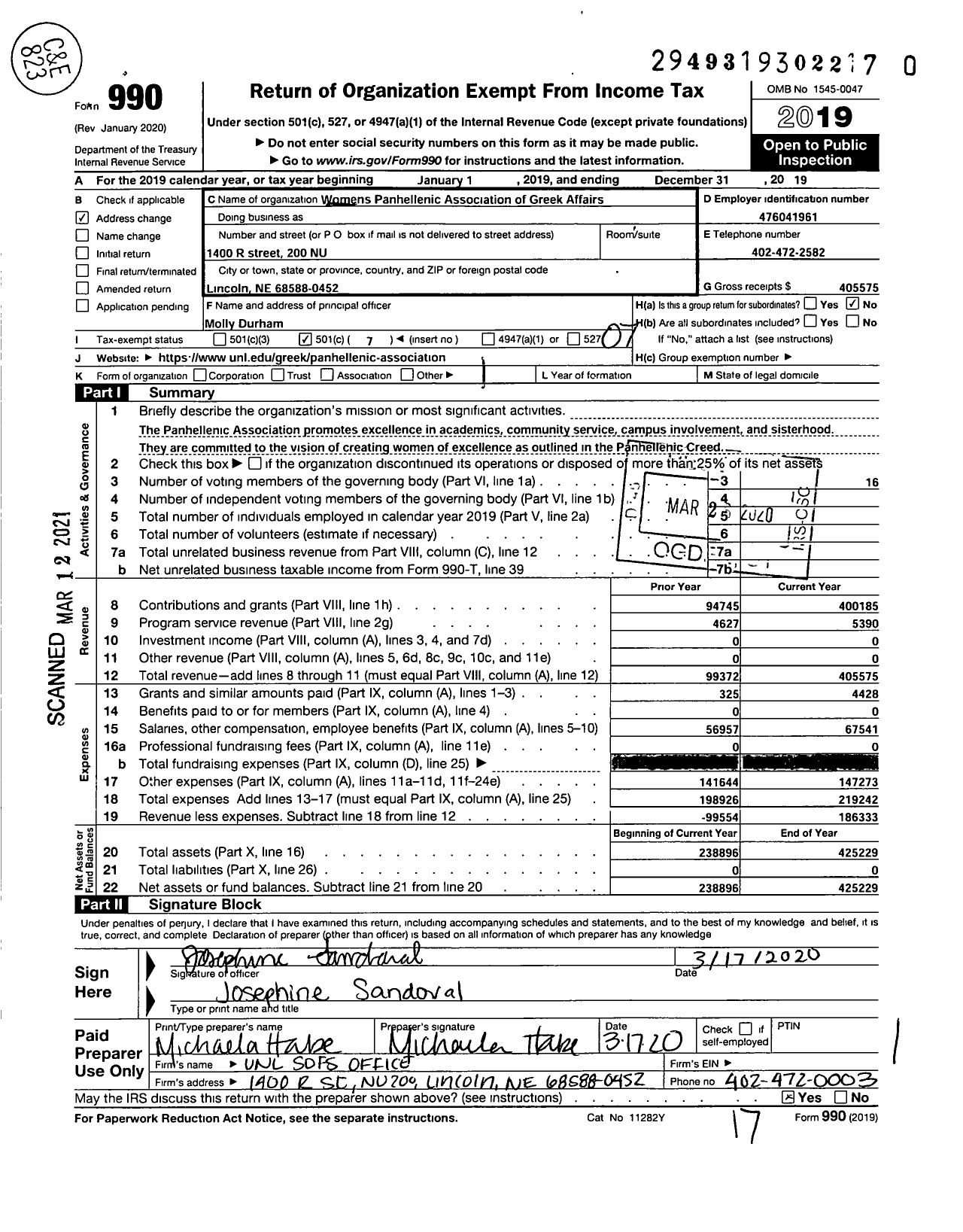 Image of first page of 2019 Form 990O for Womens Panhellenic Association of the University of Nebraska