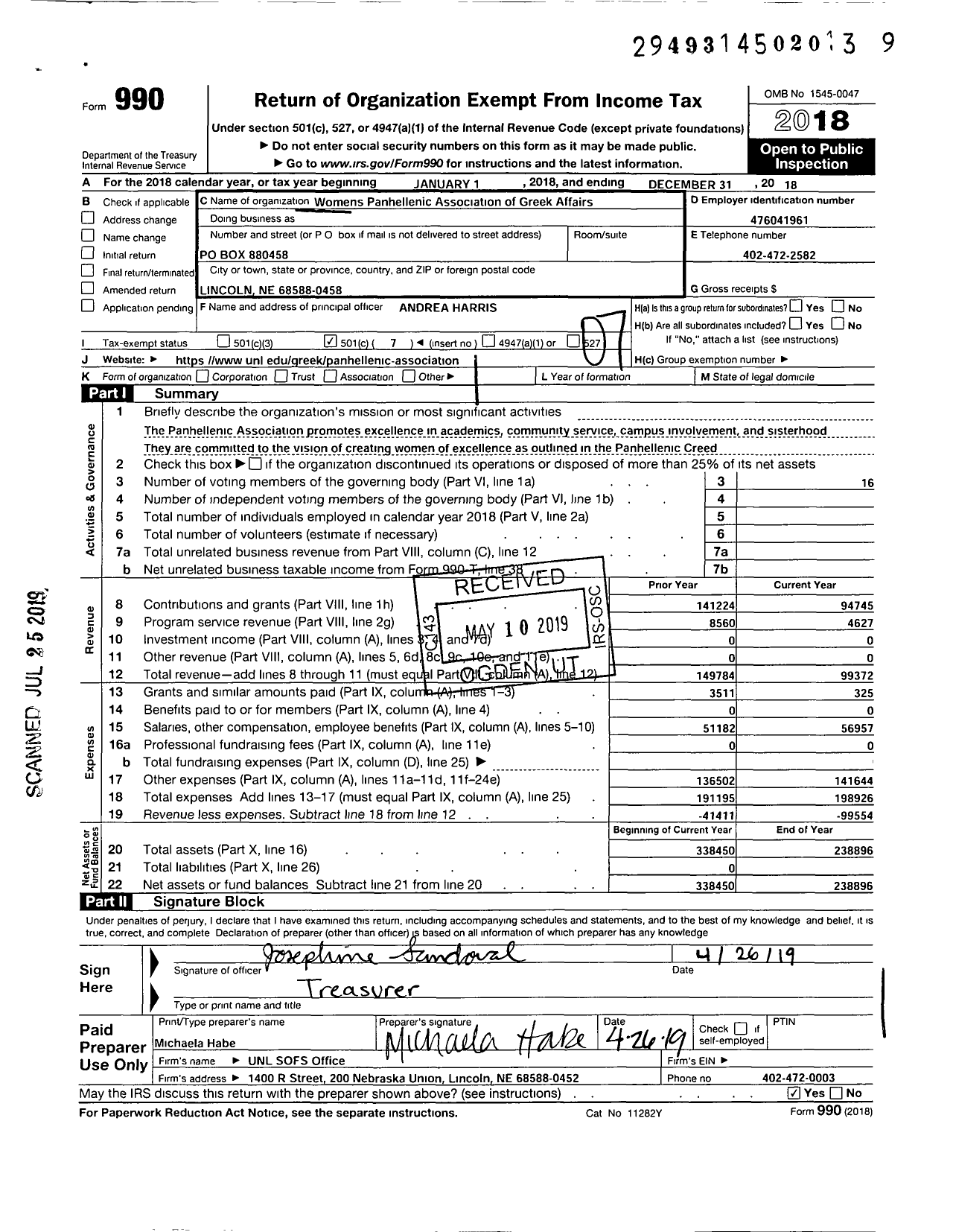 Image of first page of 2018 Form 990O for Womens Panhellenic Association of the University of Nebraska