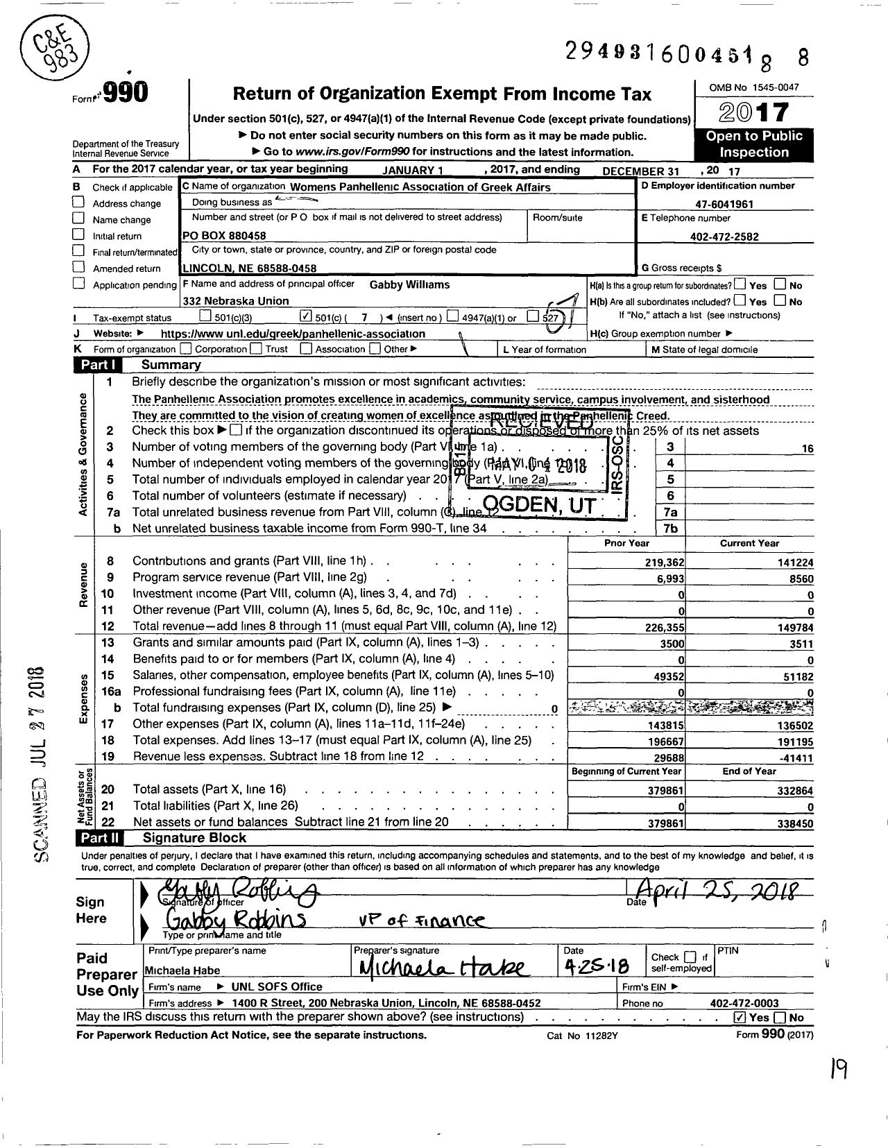 Image of first page of 2017 Form 990O for Womens Panhellenic Association of the University of Nebraska