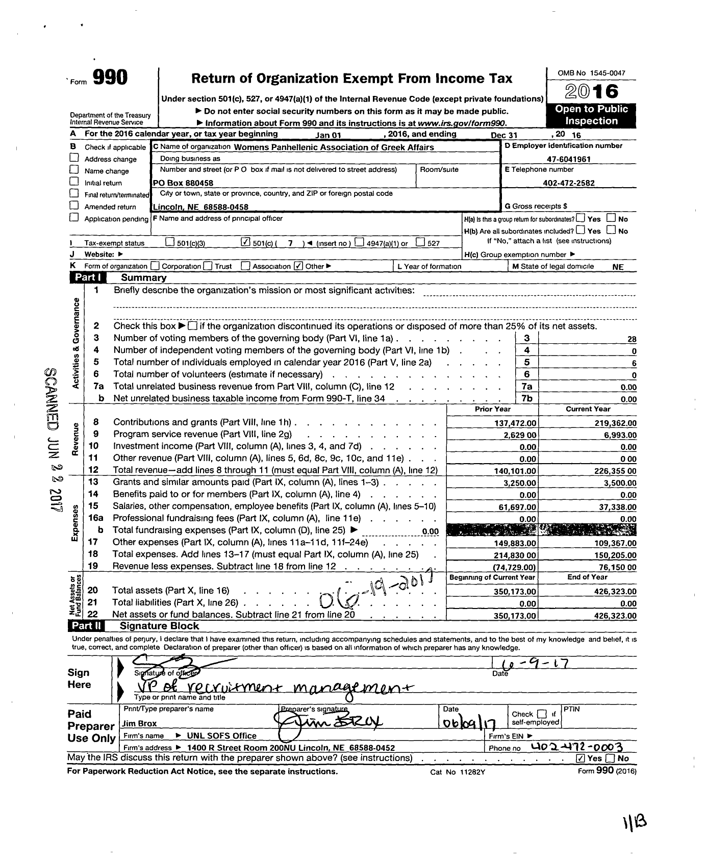 Image of first page of 2016 Form 990O for Womens Panhellenic Association of the University of Nebraska