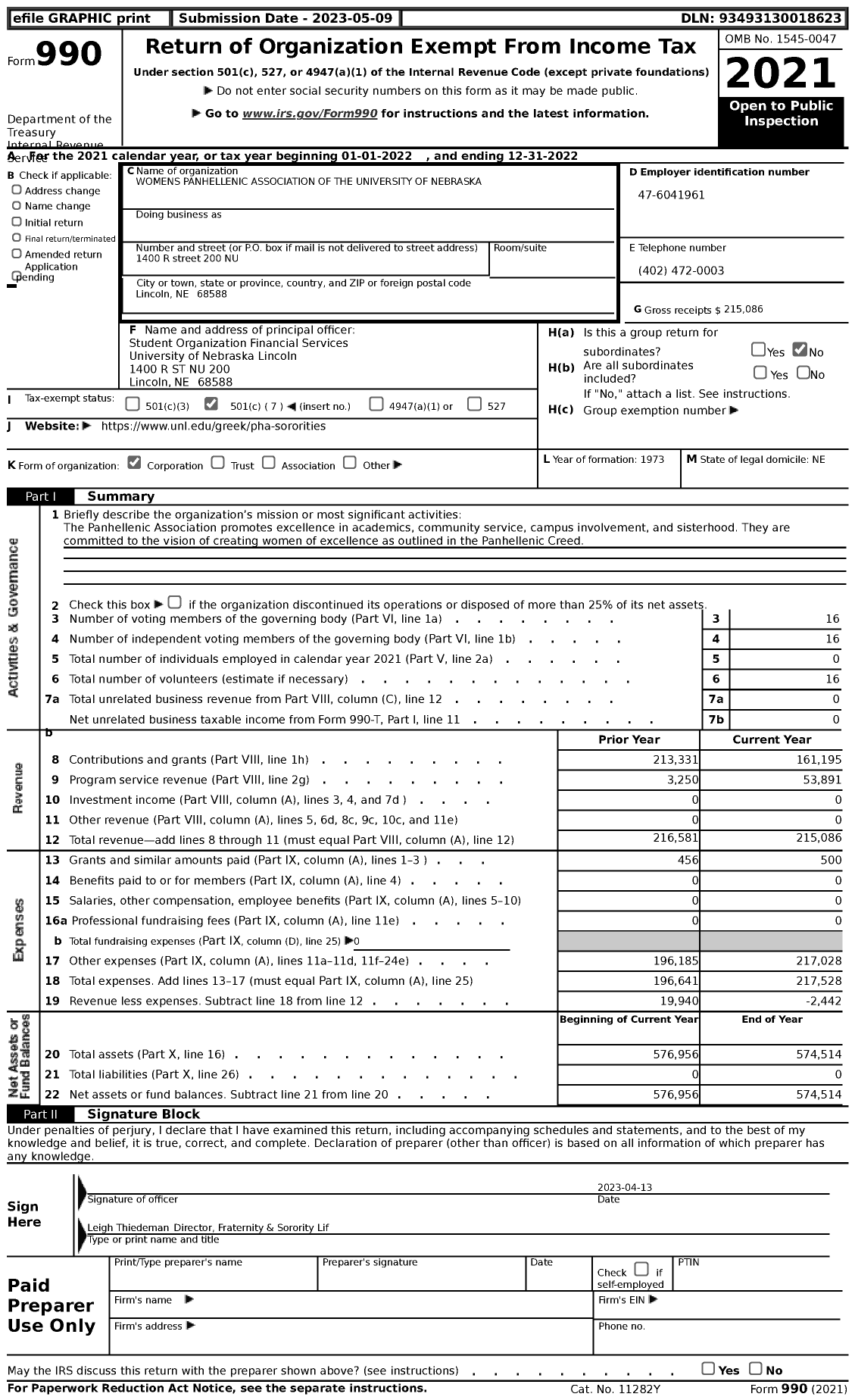 Image of first page of 2022 Form 990 for Women's Panhellenic Association of the University of Lincoln