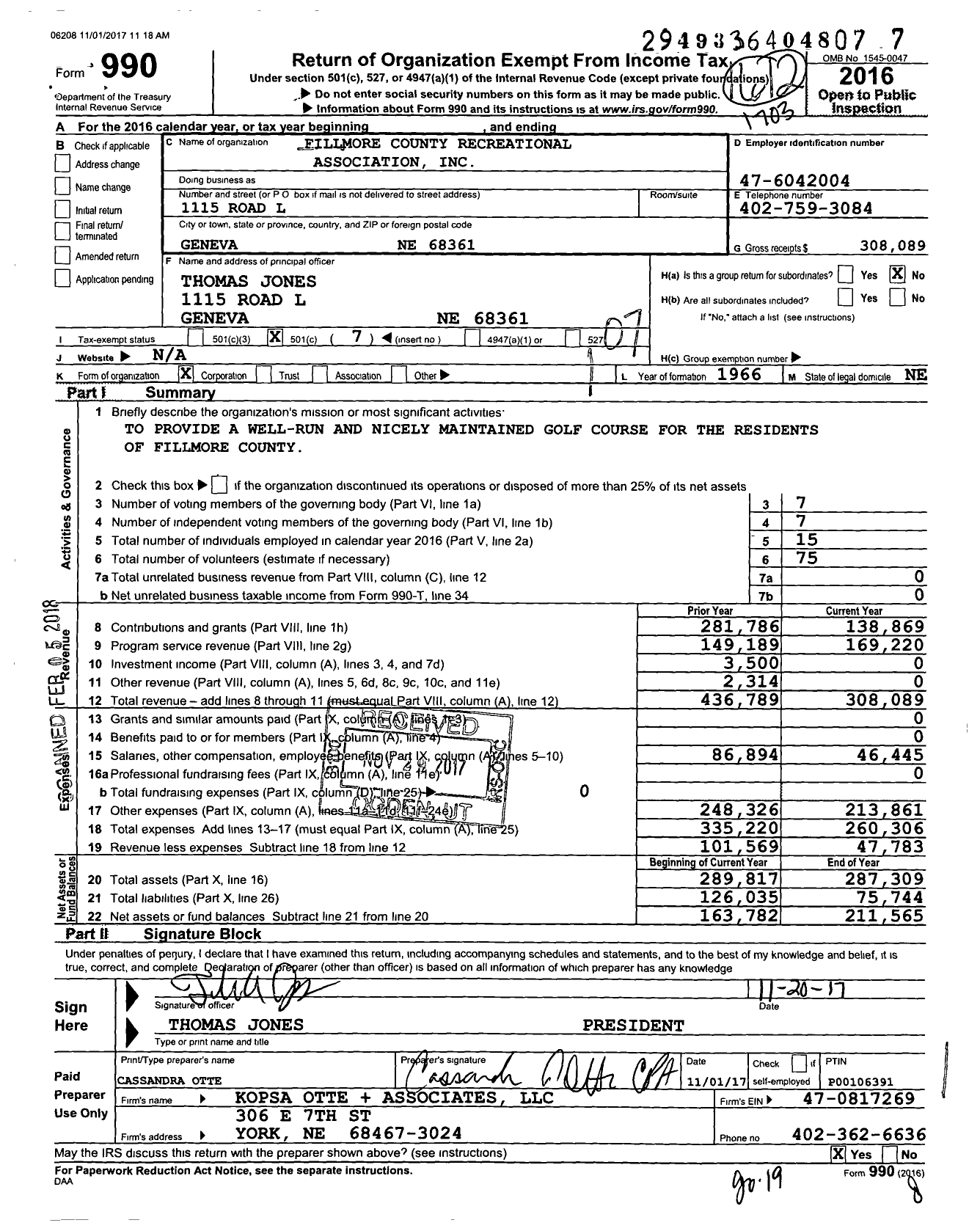 Image of first page of 2016 Form 990O for Fillmore County Recreational