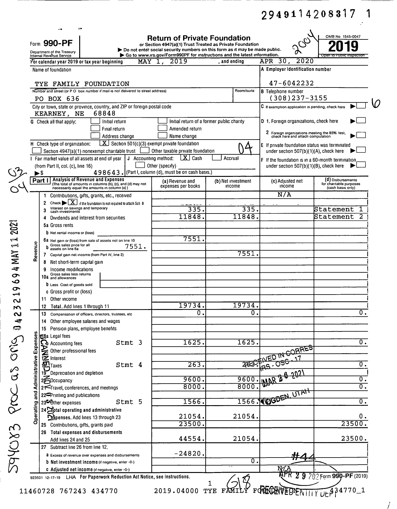 Image of first page of 2019 Form 990PF for Tye Family Foundation