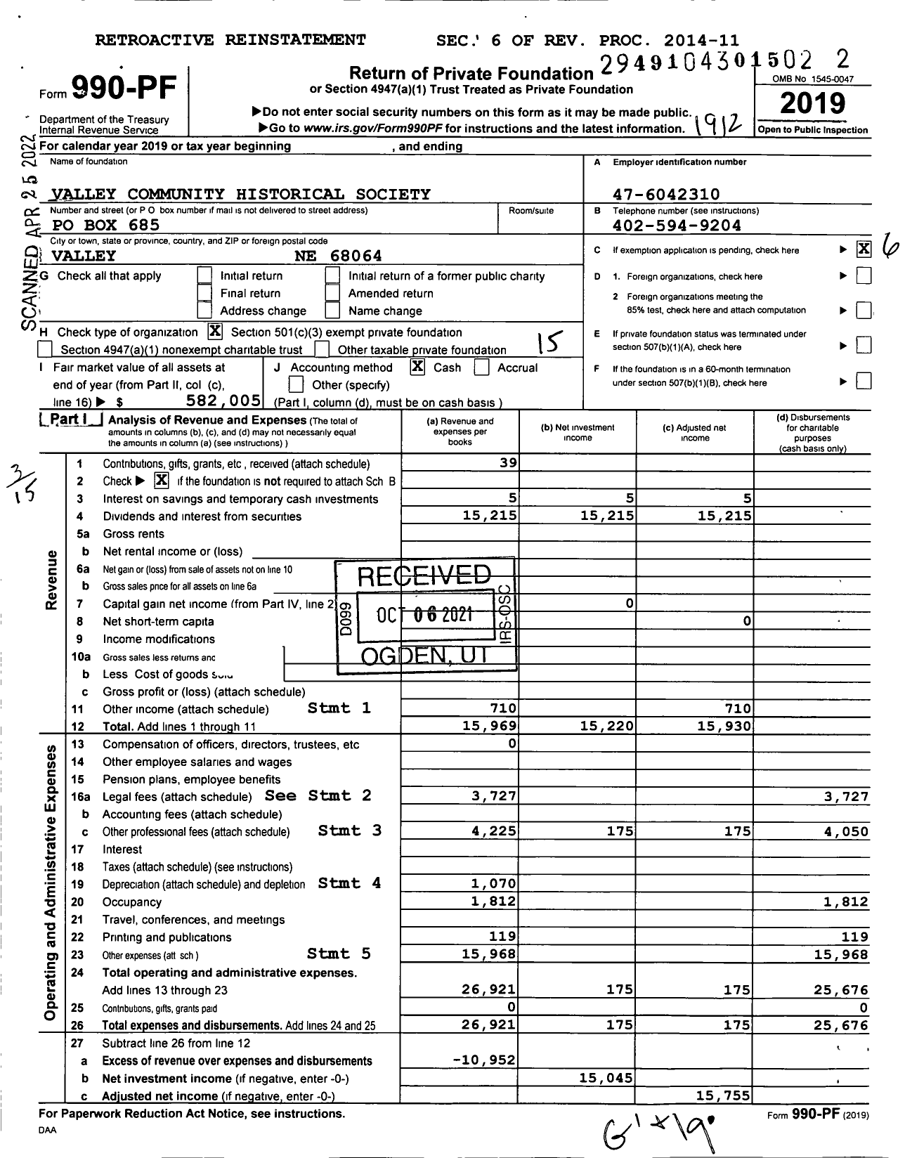 Image of first page of 2019 Form 990PF for Valley Community Historical Society