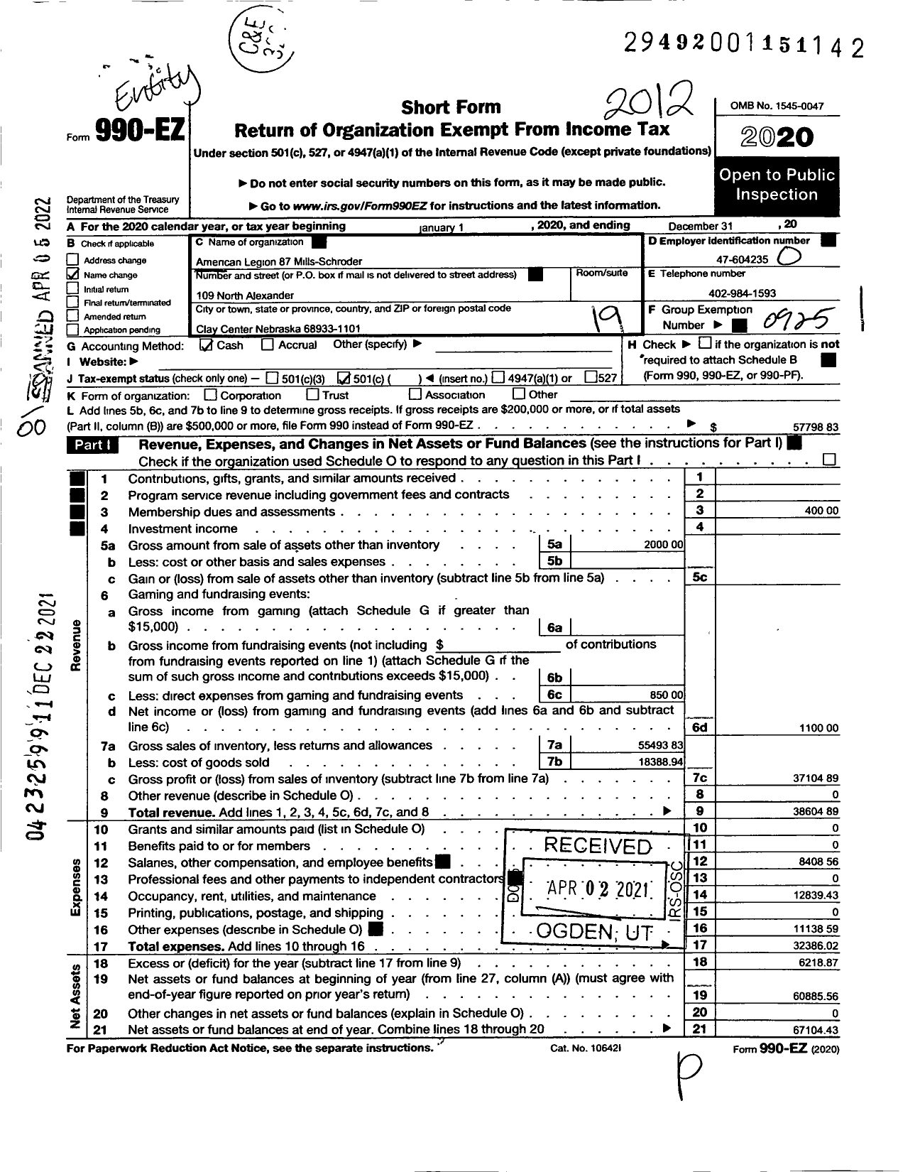 Image of first page of 2020 Form 990EO for American Legion - 87 Mills-Schroder