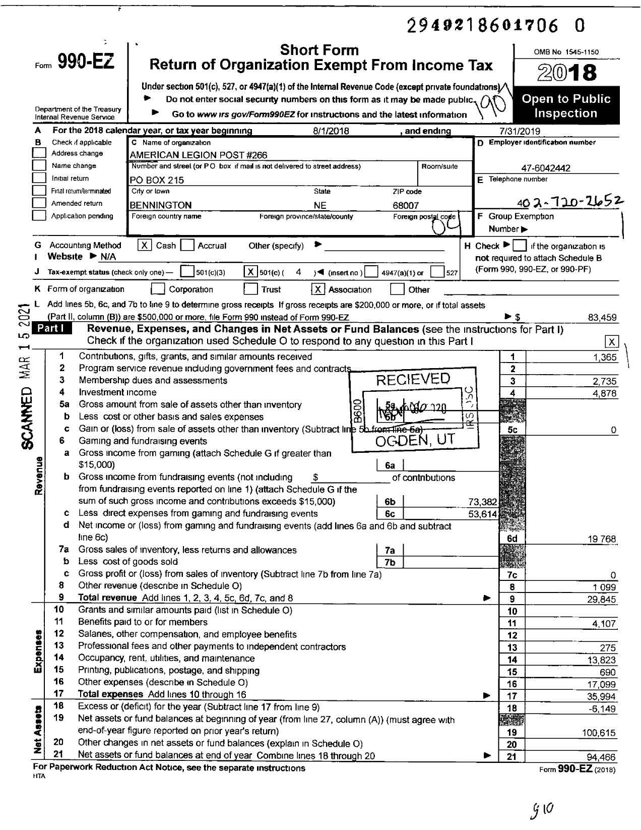 Image of first page of 2018 Form 990EO for American Legion - 266 Bennington