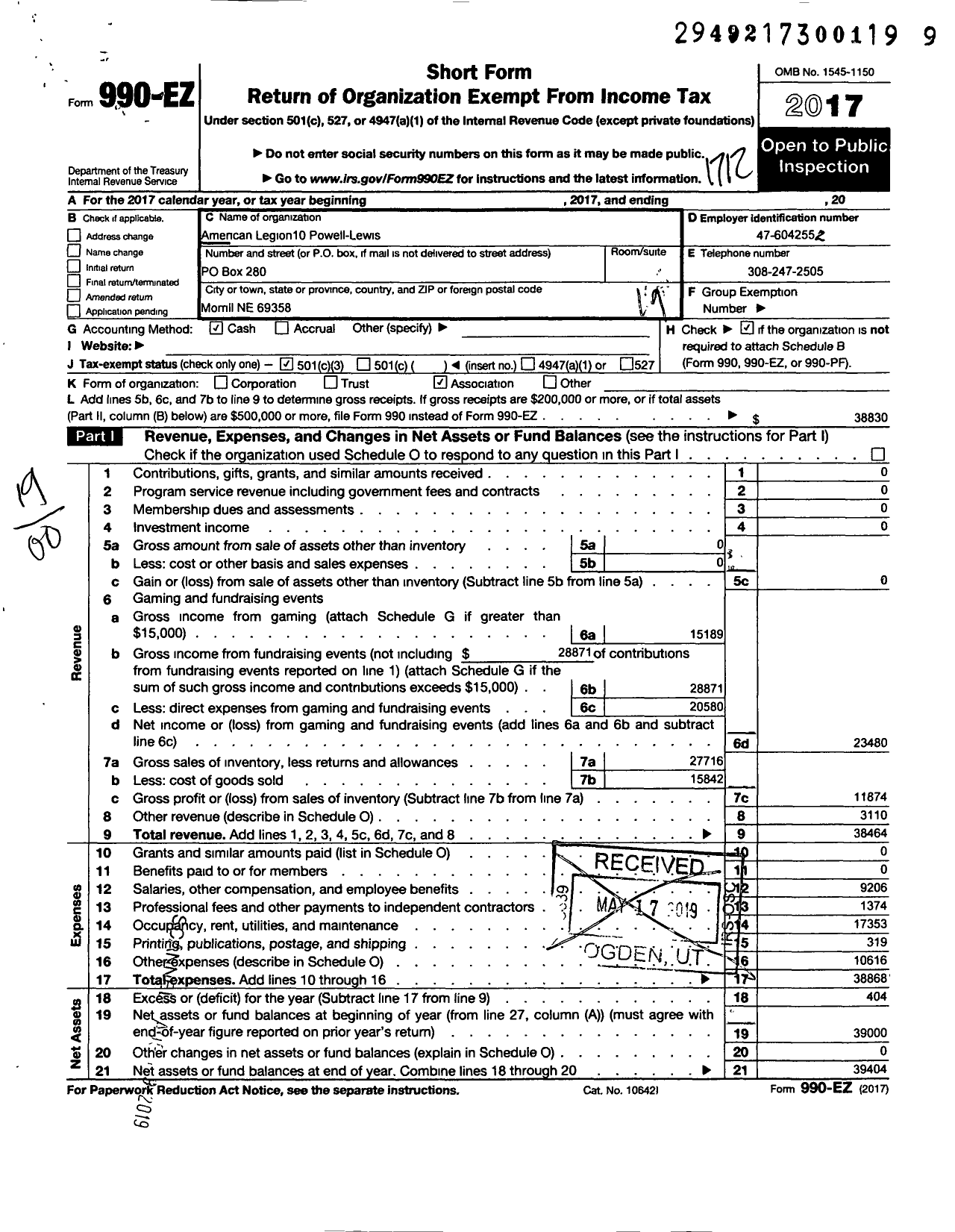 Image of first page of 2017 Form 990EO for American Legion - 10 Powell-Lewis