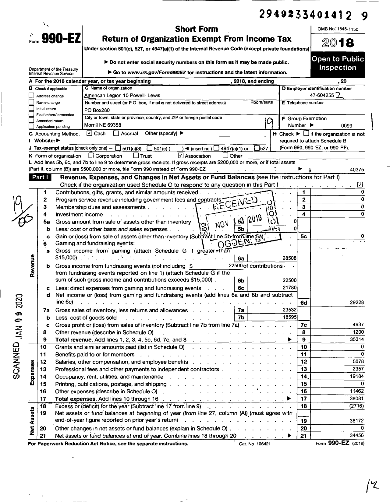 Image of first page of 2018 Form 990EO for American Legion - 10 Powell-Lewis