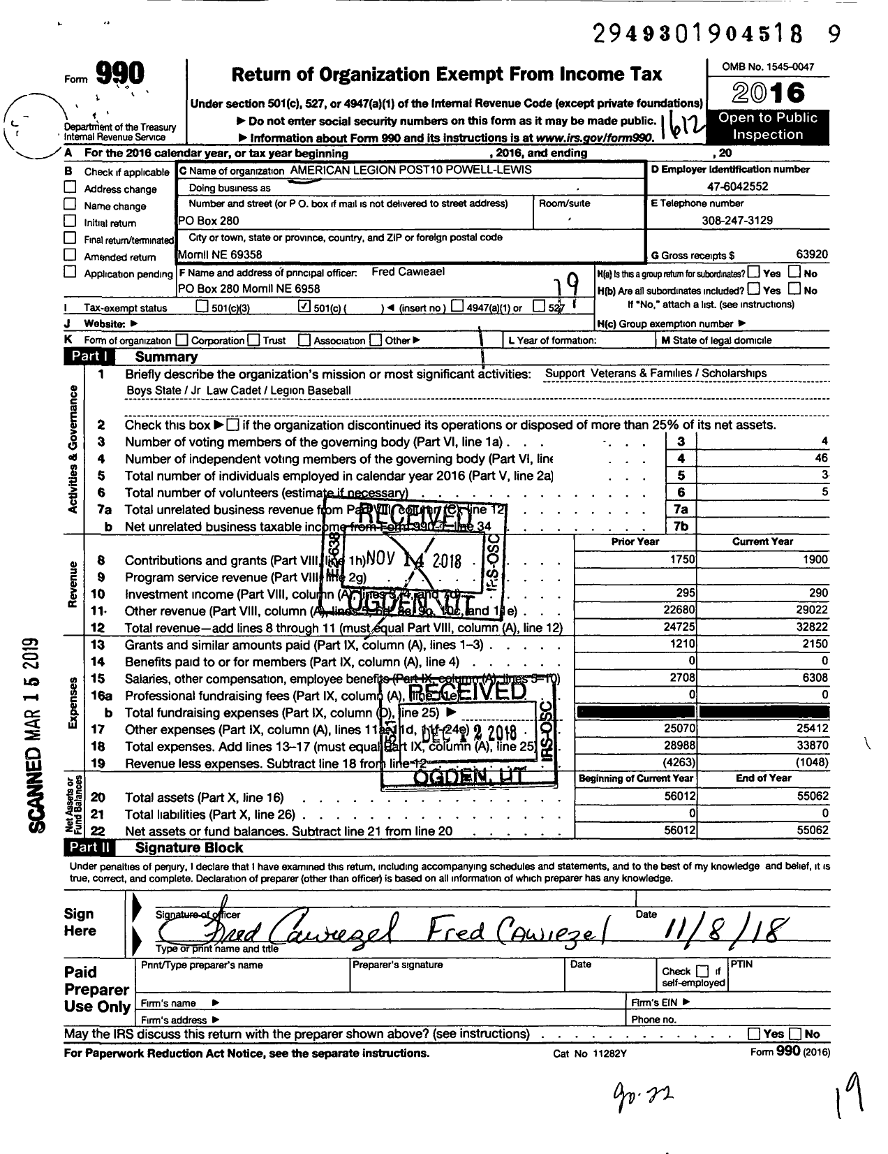 Image of first page of 2016 Form 990O for American Legion - 10 Powell-Lewis