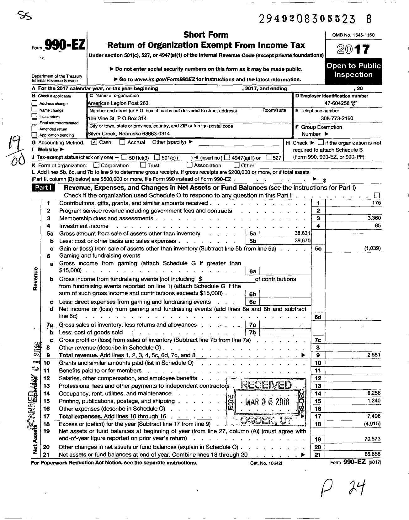 Image of first page of 2017 Form 990EO for AMERICAN LEGION - 0263 Silver Creek