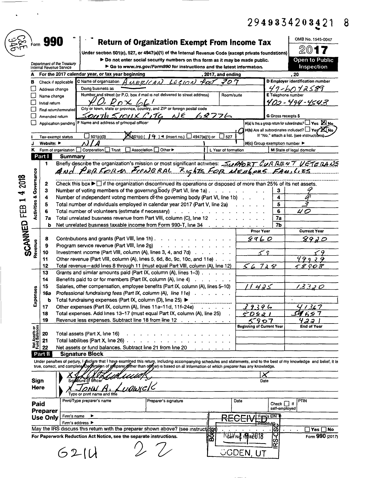 Image of first page of 2017 Form 990O for American Legion Post 307