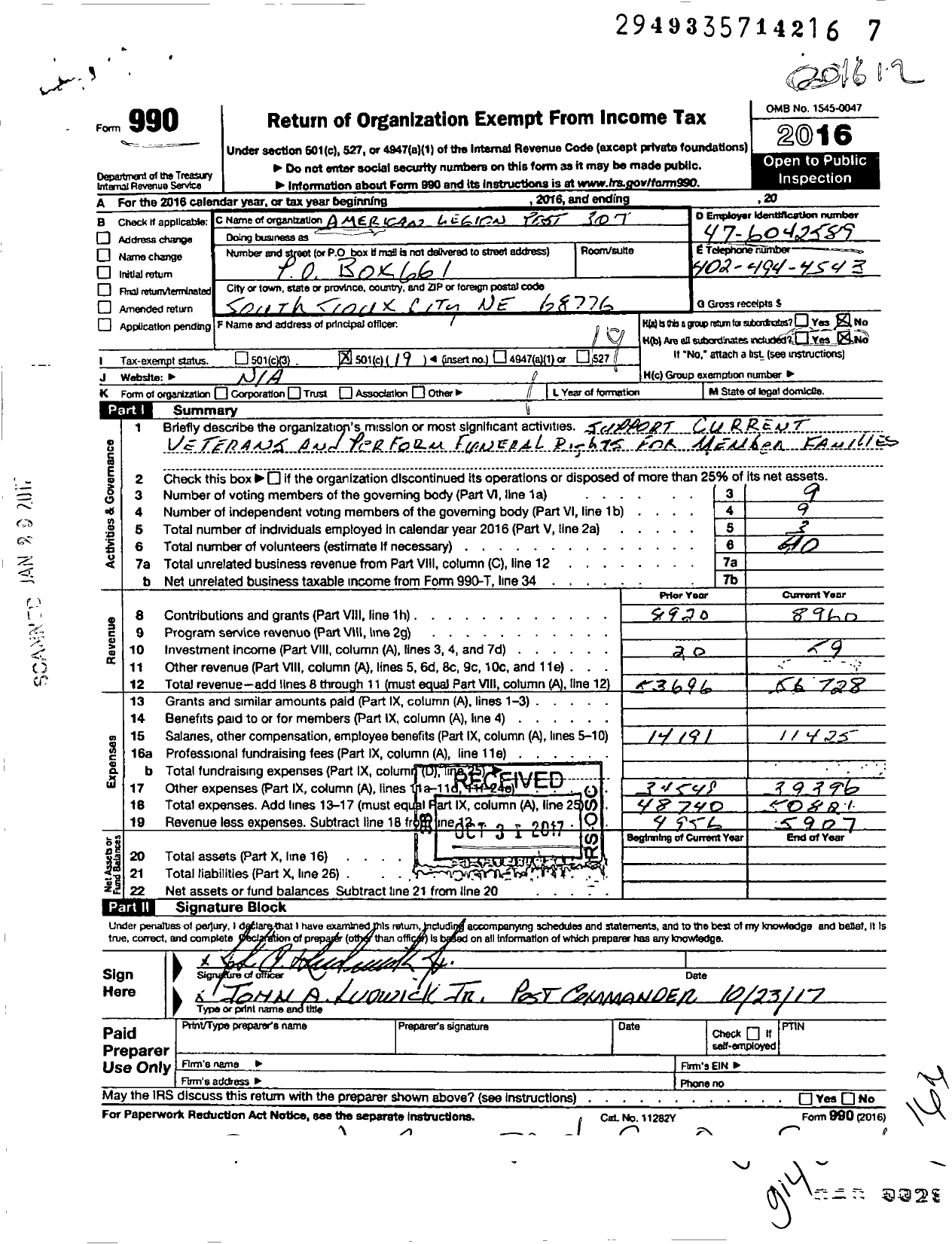 Image of first page of 2016 Form 990O for American Legion Post 307