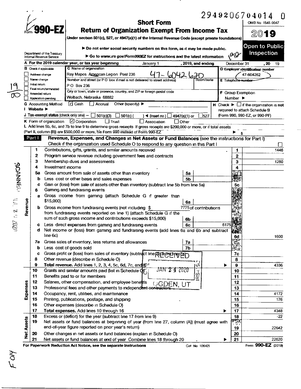 Image of first page of 2019 Form 990EO for American Legion - 236 Ray Mapes