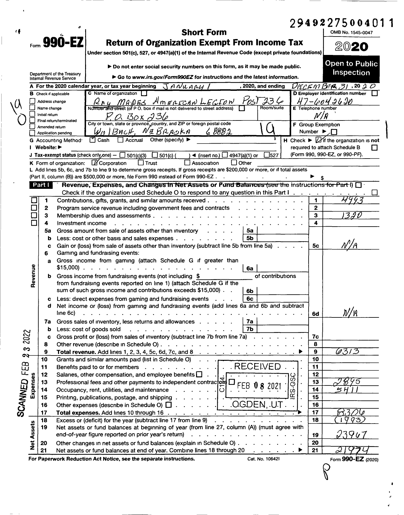 Image of first page of 2020 Form 990EO for American Legion - 236 Ray Mapes