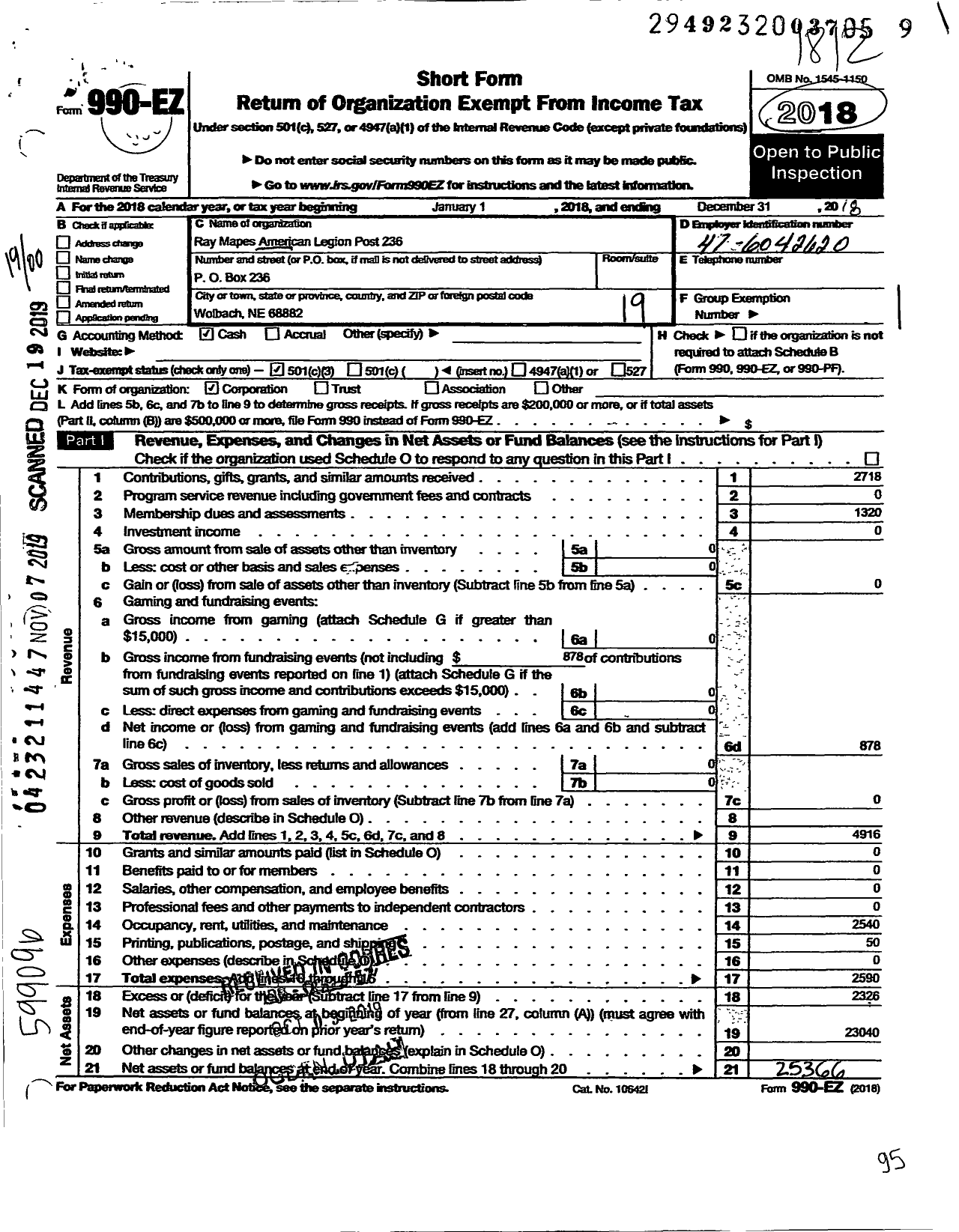 Image of first page of 2018 Form 990EO for American Legion - 236 Ray Mapes