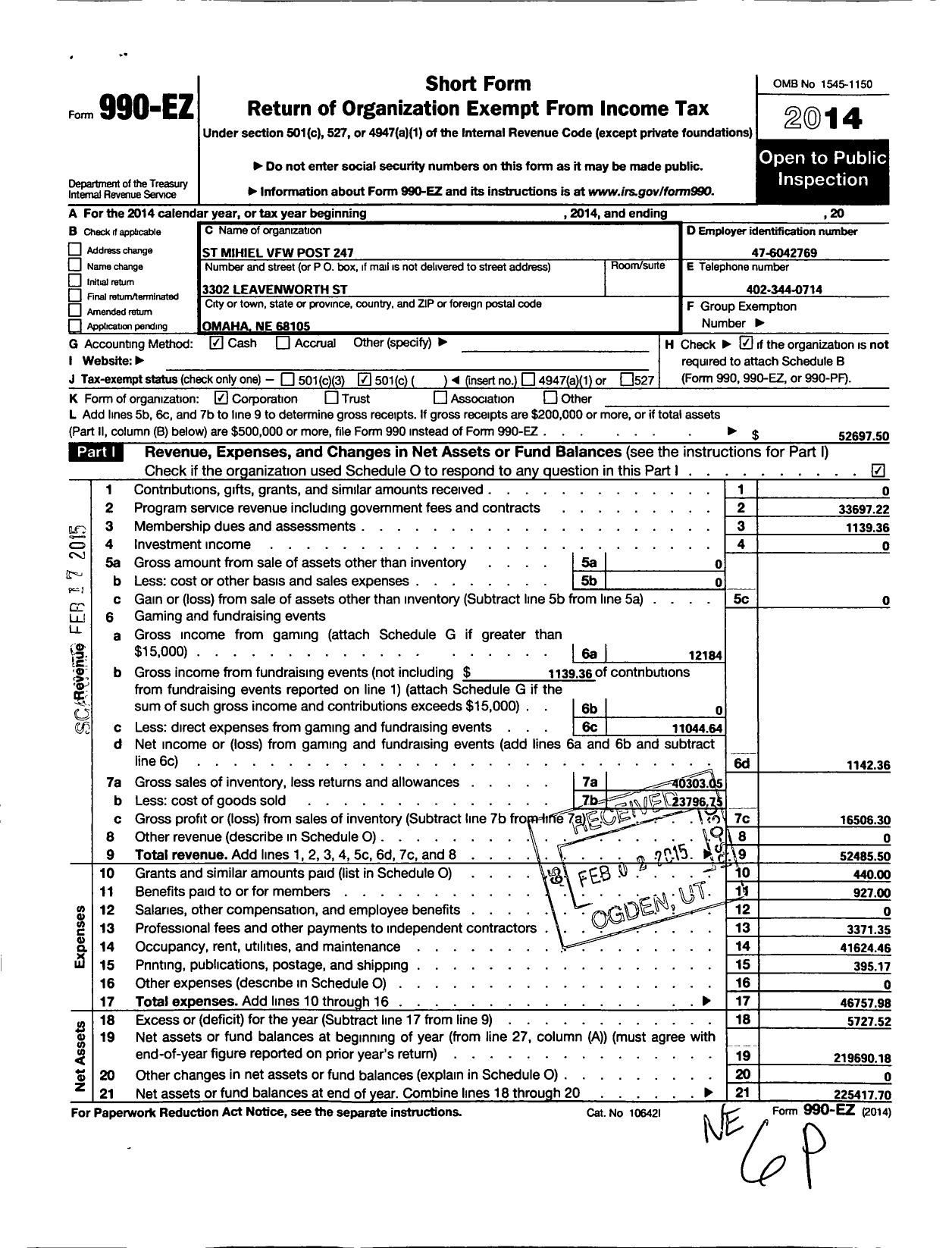 Image of first page of 2014 Form 990EO for Veterans of Foreign Wars of the United States Dept of Nebraska - 247 St Michel Post