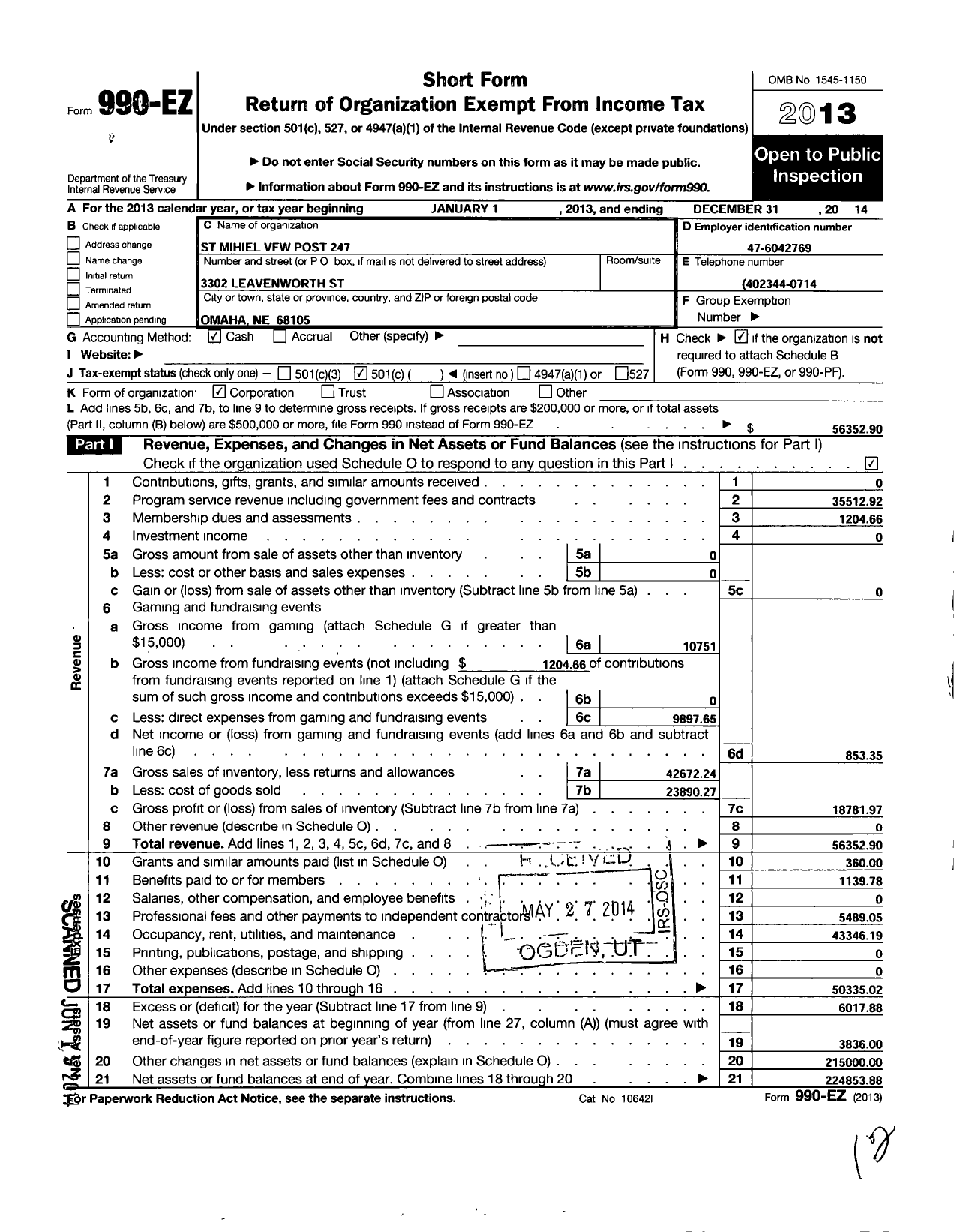 Image of first page of 2014 Form 990EO for Veterans of Foreign Wars of the United States Dept of Nebraska - 247 St Michel Post