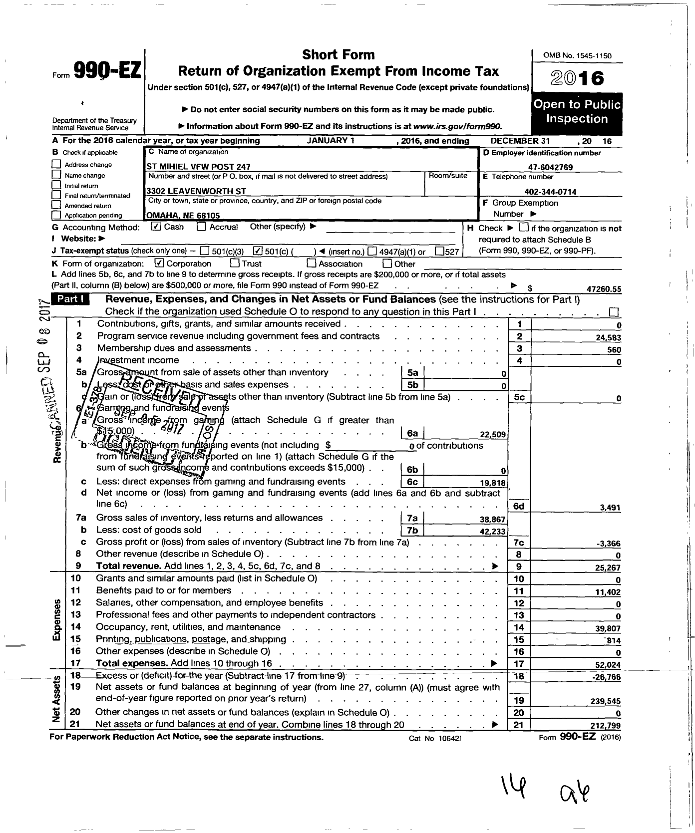 Image of first page of 2016 Form 990EO for Veterans of Foreign Wars of the United States Dept of Nebraska - 247 St Michel Post