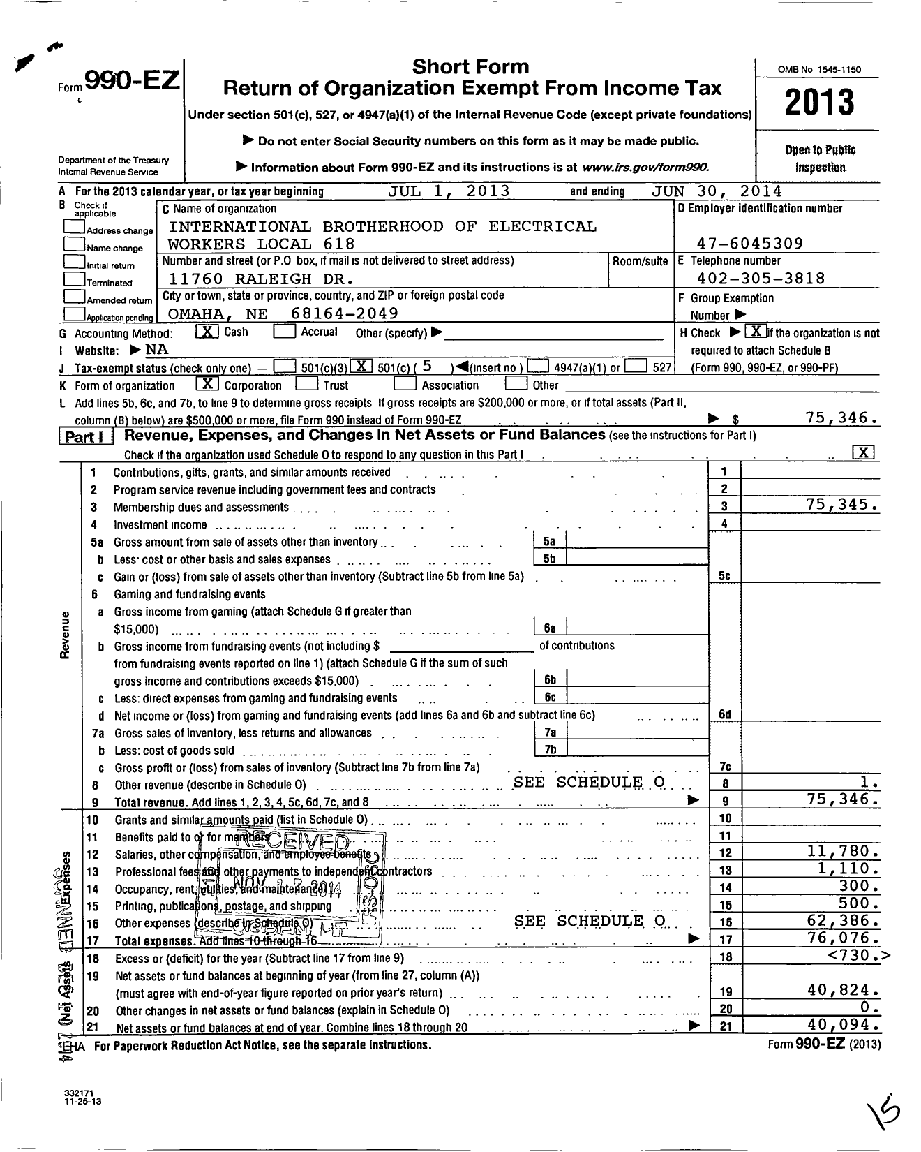 Image of first page of 2013 Form 990EO for International Brotherhood of Electrical Workers Local 618