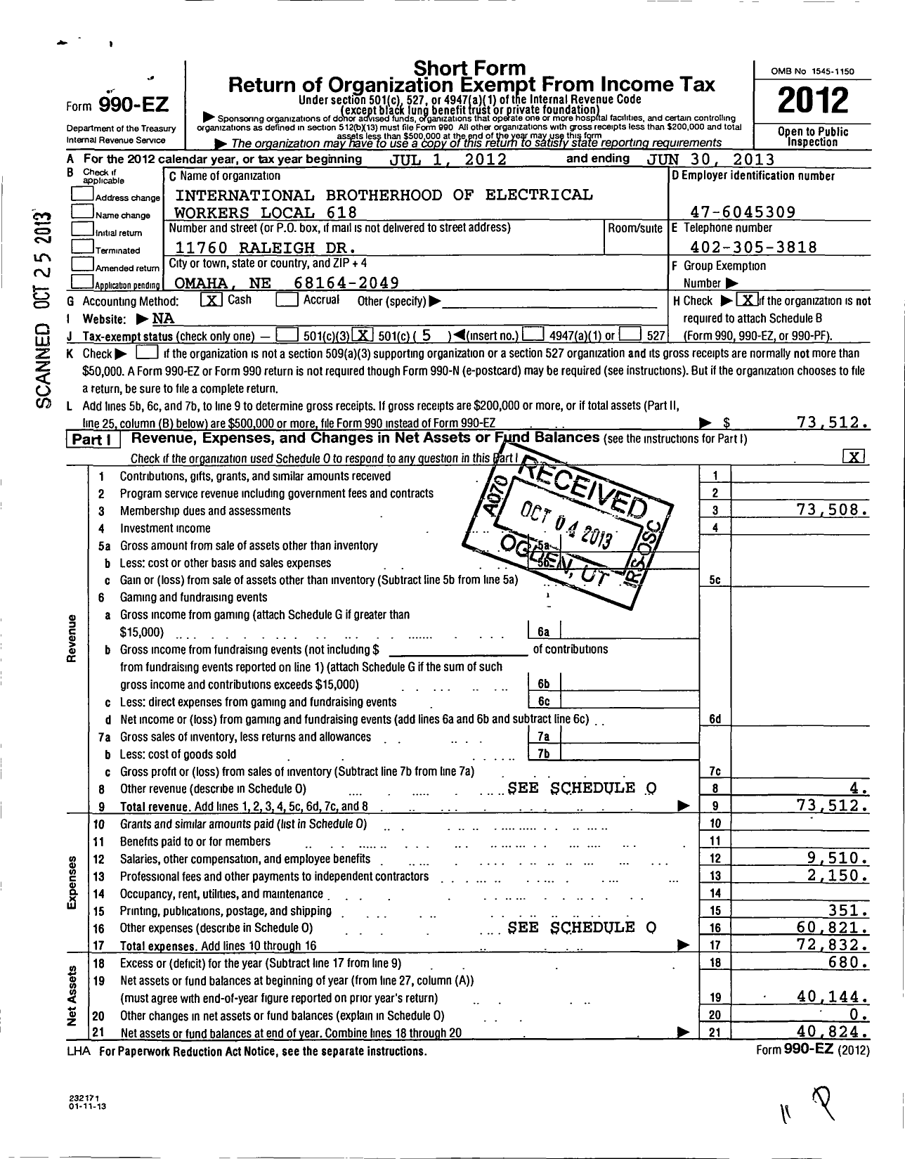 Image of first page of 2012 Form 990EO for International Brotherhood of Electrical Workers Local 618