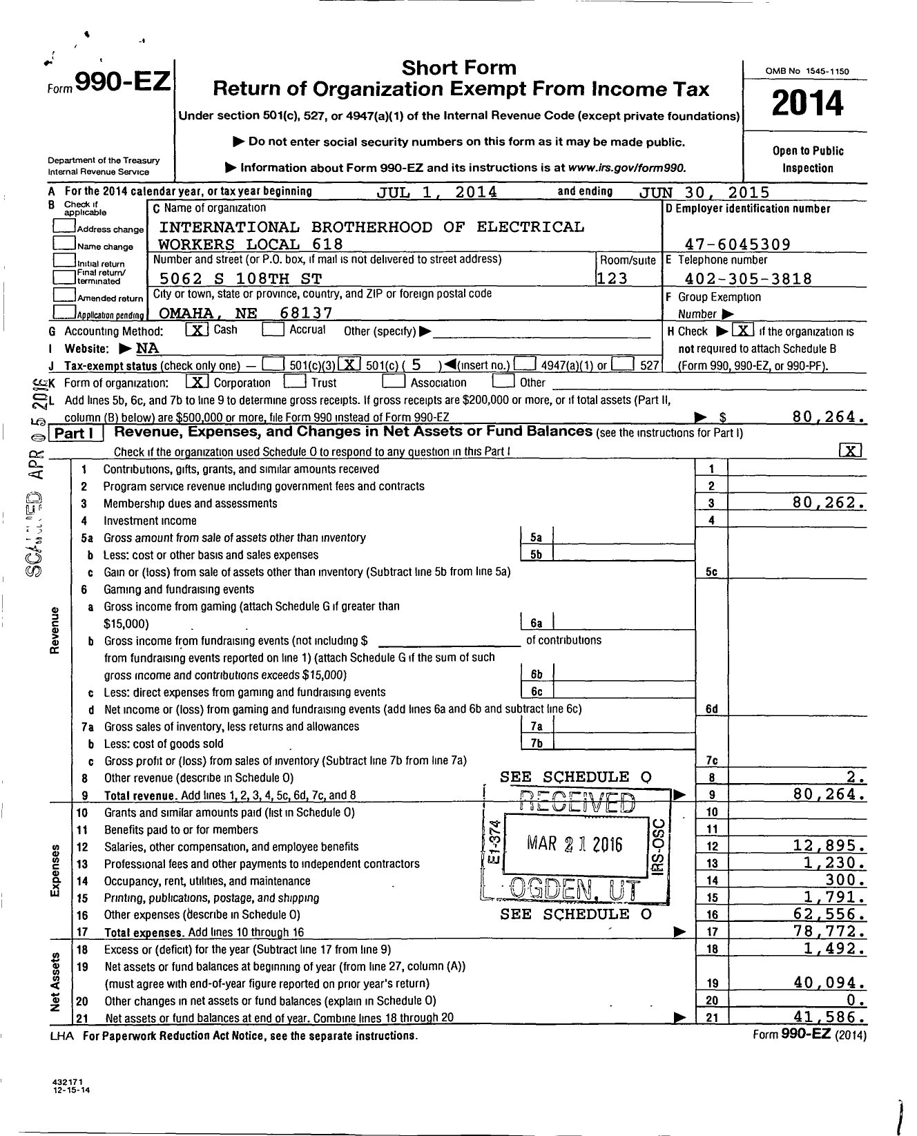 Image of first page of 2014 Form 990EO for International Brotherhood of Electrical Workers Local 618