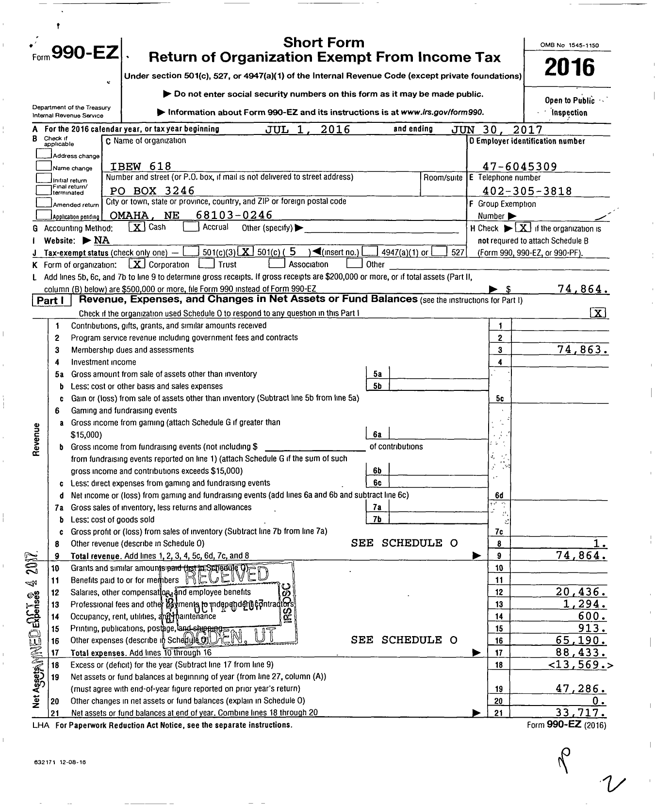 Image of first page of 2016 Form 990EO for International Brotherhood of Electrical Workers Local 618