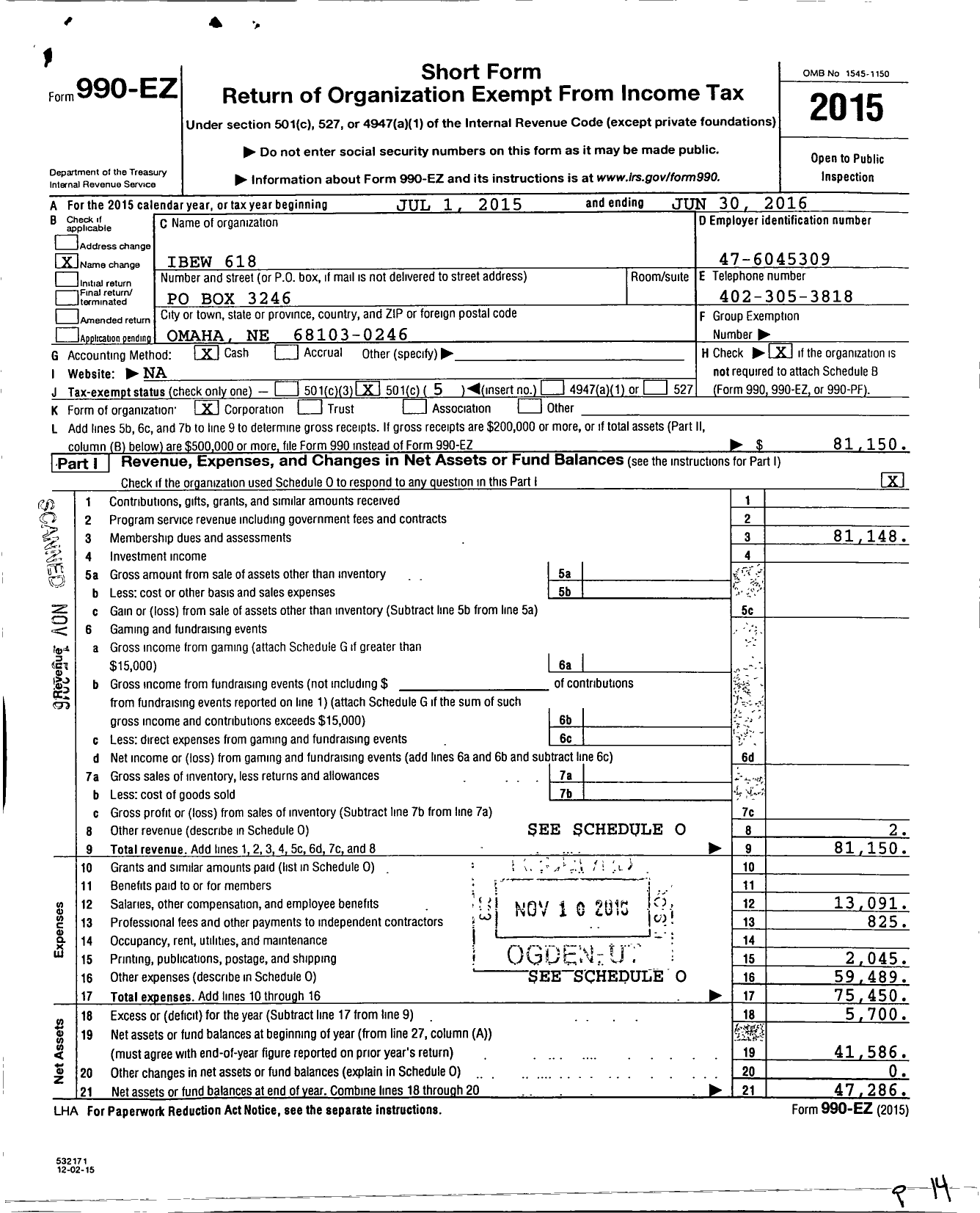 Image of first page of 2015 Form 990EO for International Brotherhood of Electrical Workers Local 618