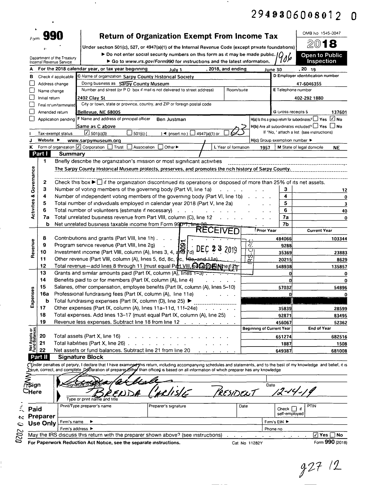 Image of first page of 2018 Form 990 for Sarpy County Museum