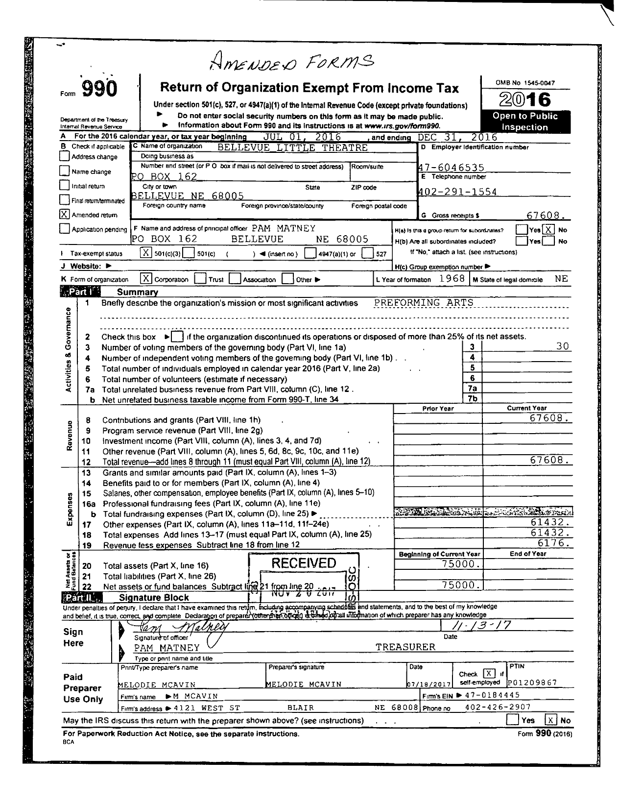 Image of first page of 2016 Form 990R for Bellevue Little Theatre