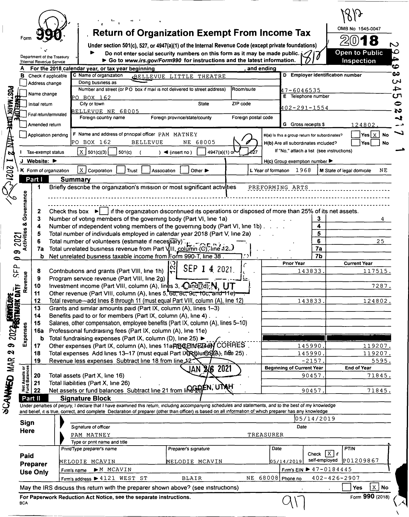 Image of first page of 2018 Form 990 for Bellevue Little Theatre