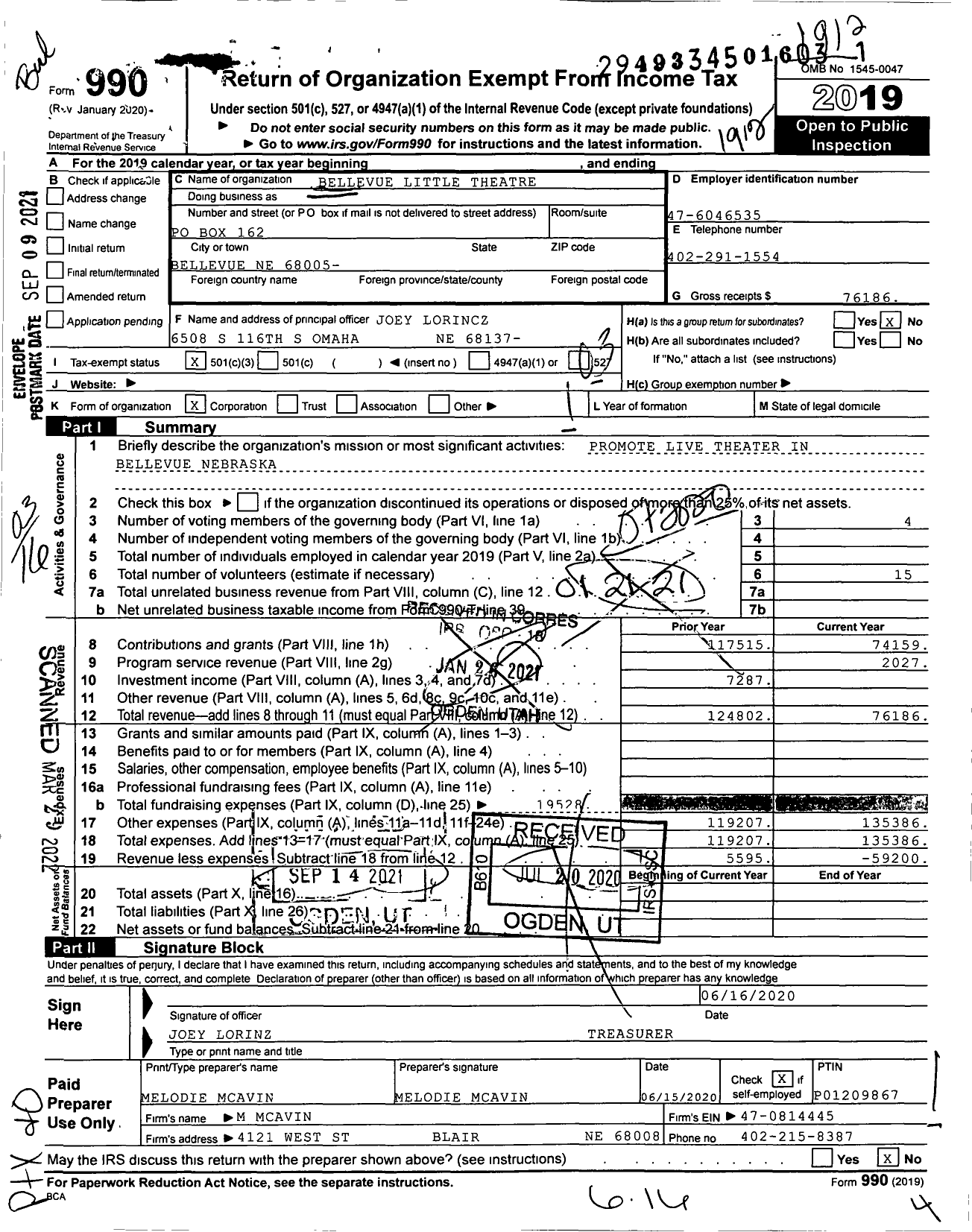 Image of first page of 2019 Form 990 for Bellevue Little Theatre