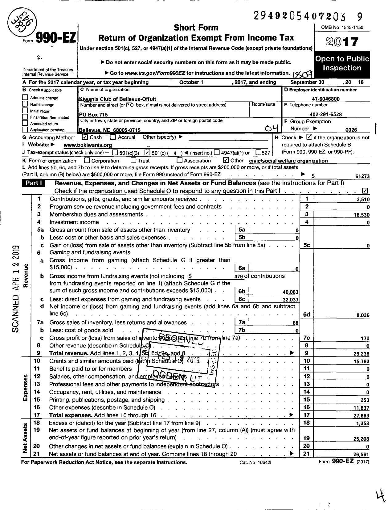 Image of first page of 2017 Form 990EO for Kiwanis International - K06307 Bellevue Offutt